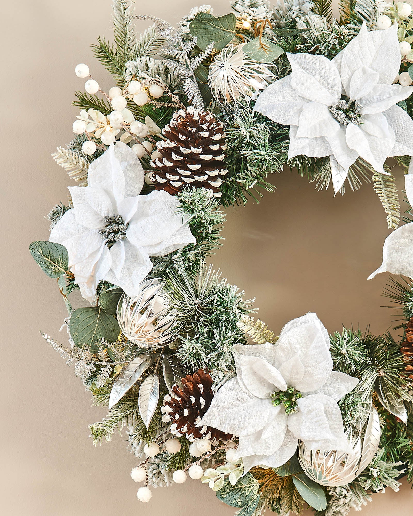 Pre-Lit Decorated Frosted Wreath, White & Silver, 60 cm