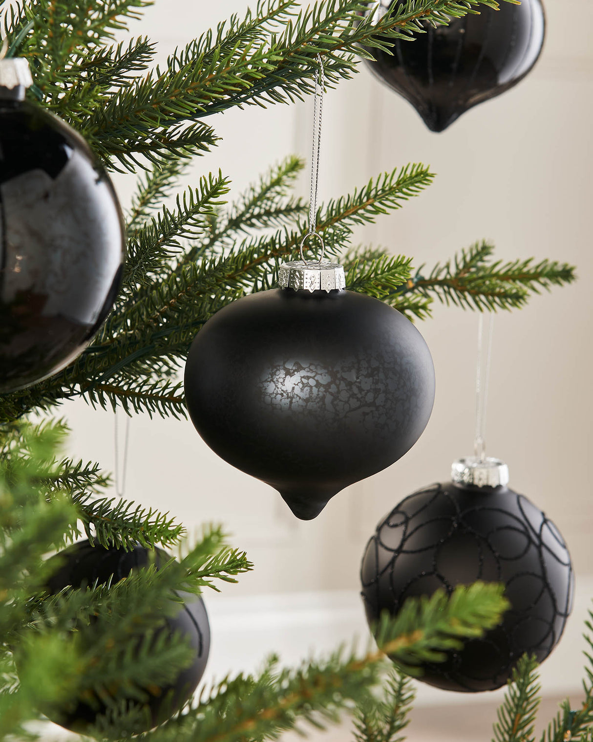 Black Glass Baubles, 6 Pack, 10 cm