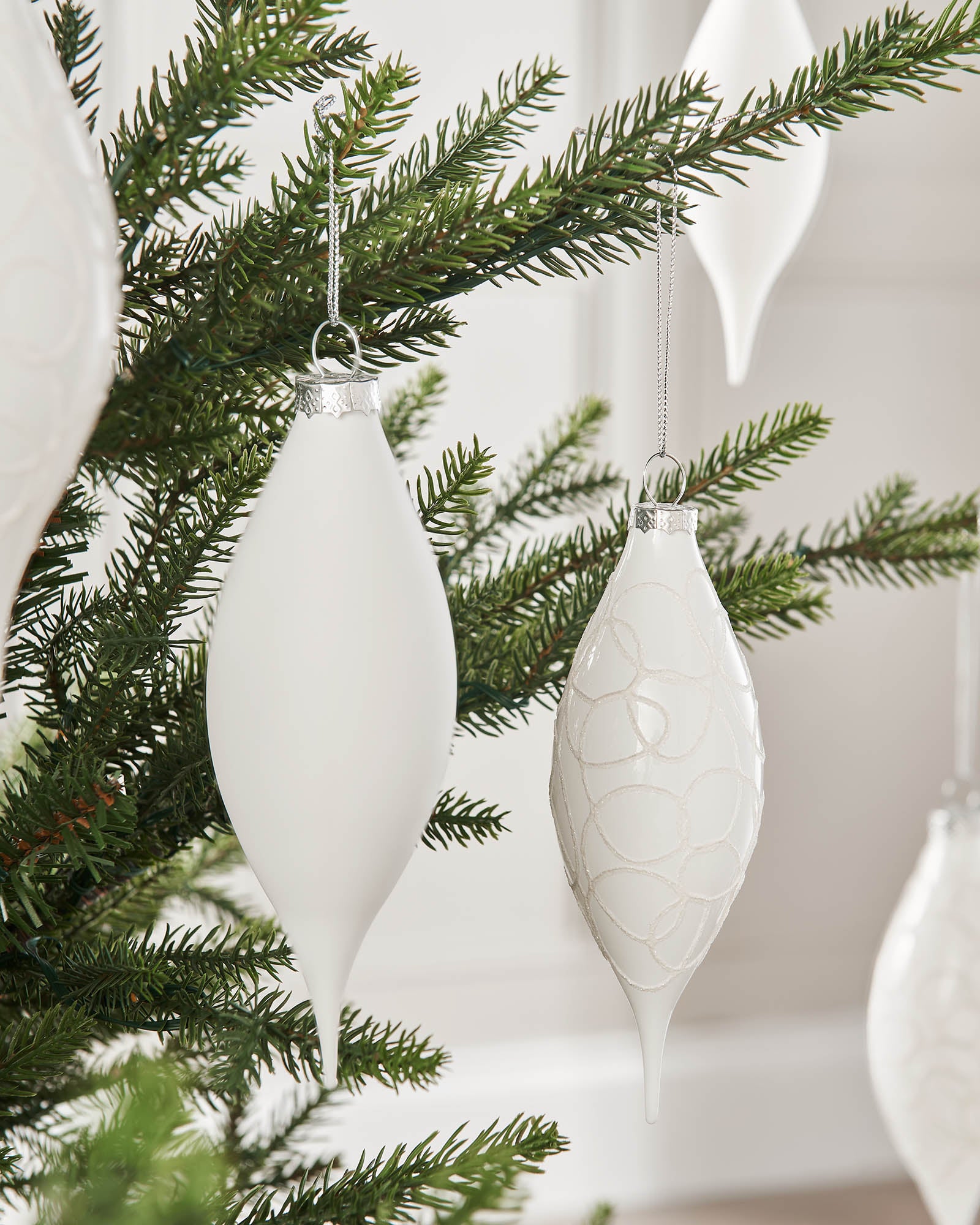 Five White Glass Baubles, 15 cm