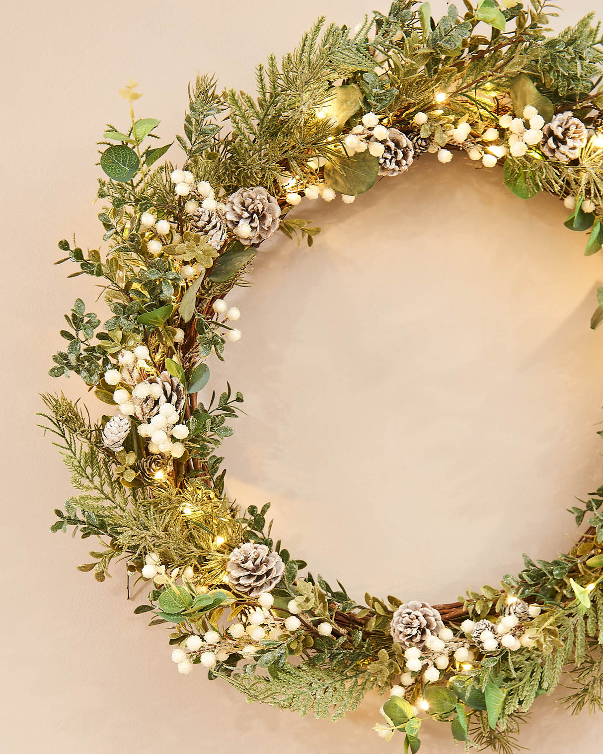 Pre-Lit Frosted Eucalyptus Wreath, 76 cm