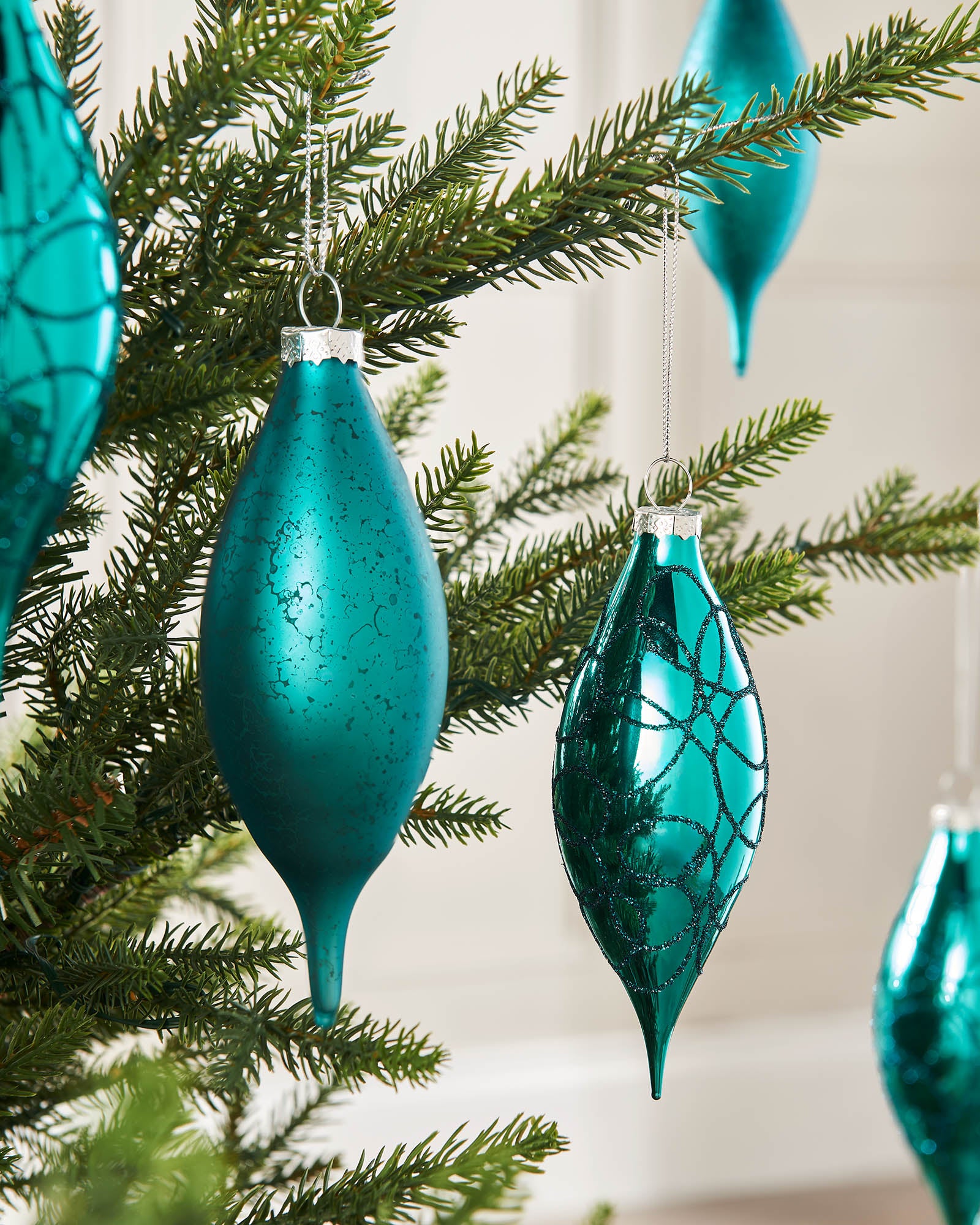 Set of 5 Large Glass Teardrop Baubles, Teal, 15 cm
