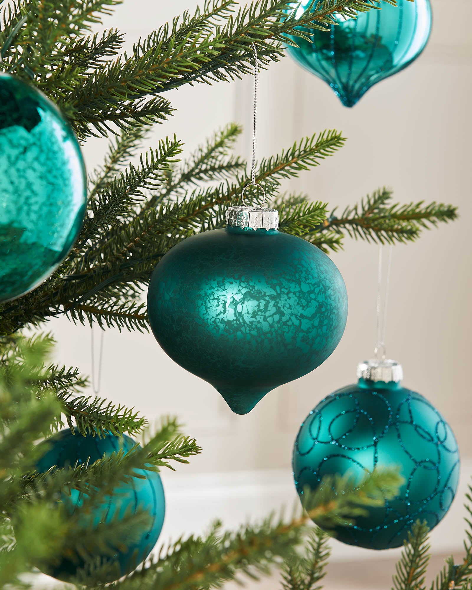 Set of 6 Glass Baubles, Teal, 10 cm