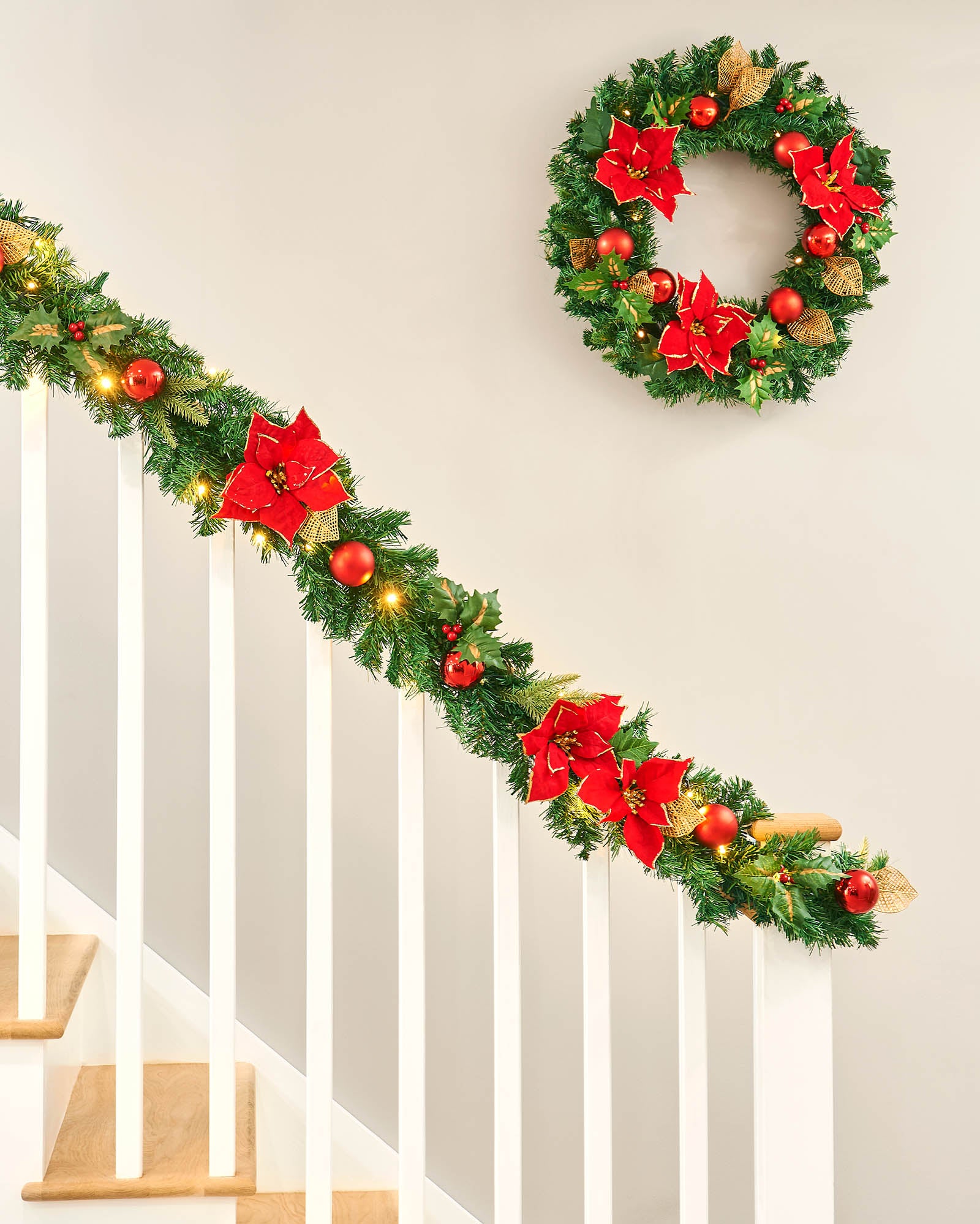 Pre-Lit Warm White Decorated Garland, Red/Gold, 9 ft