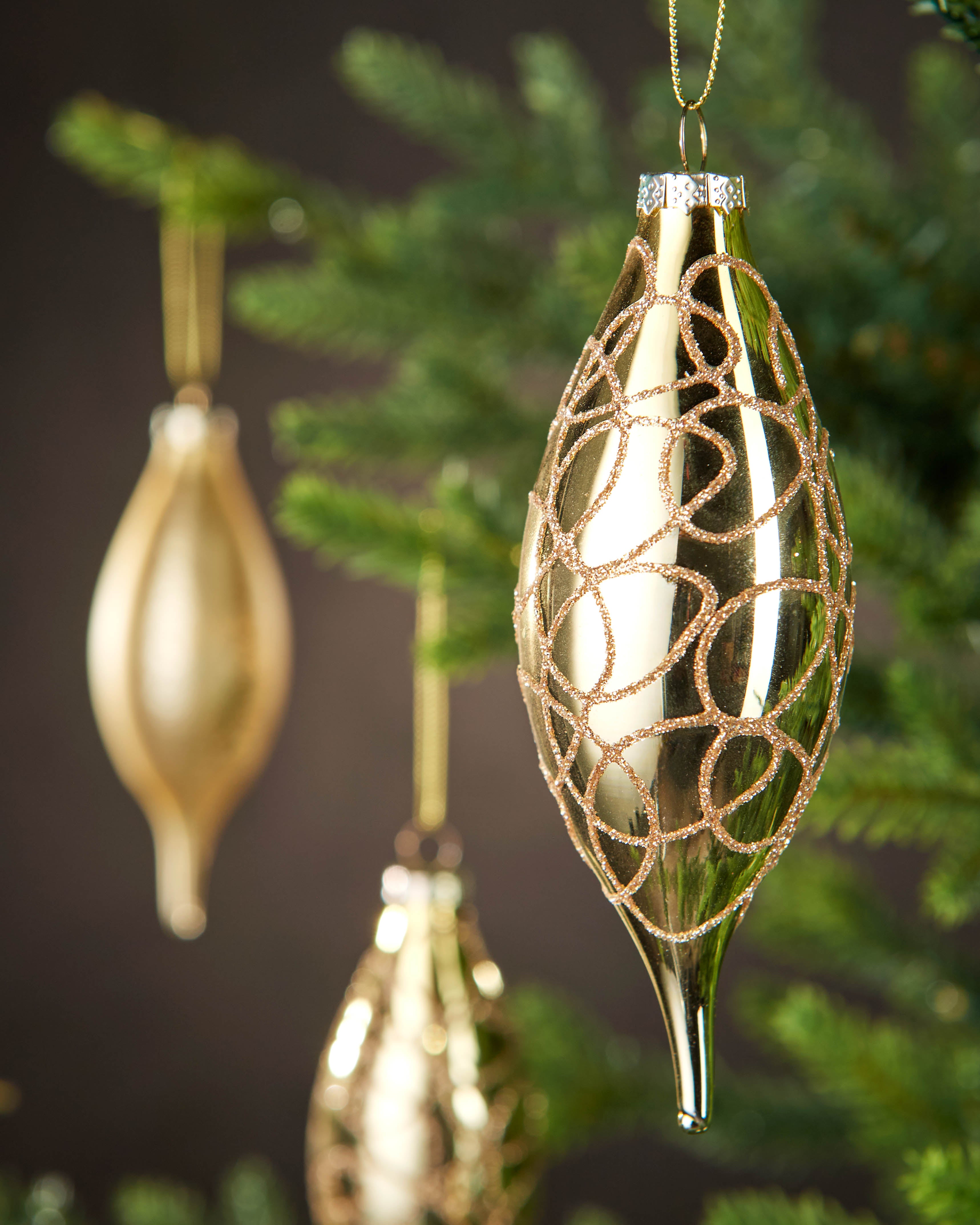 Set of 5 Large Glass Teardrop Baubles, Gold, 15 cm