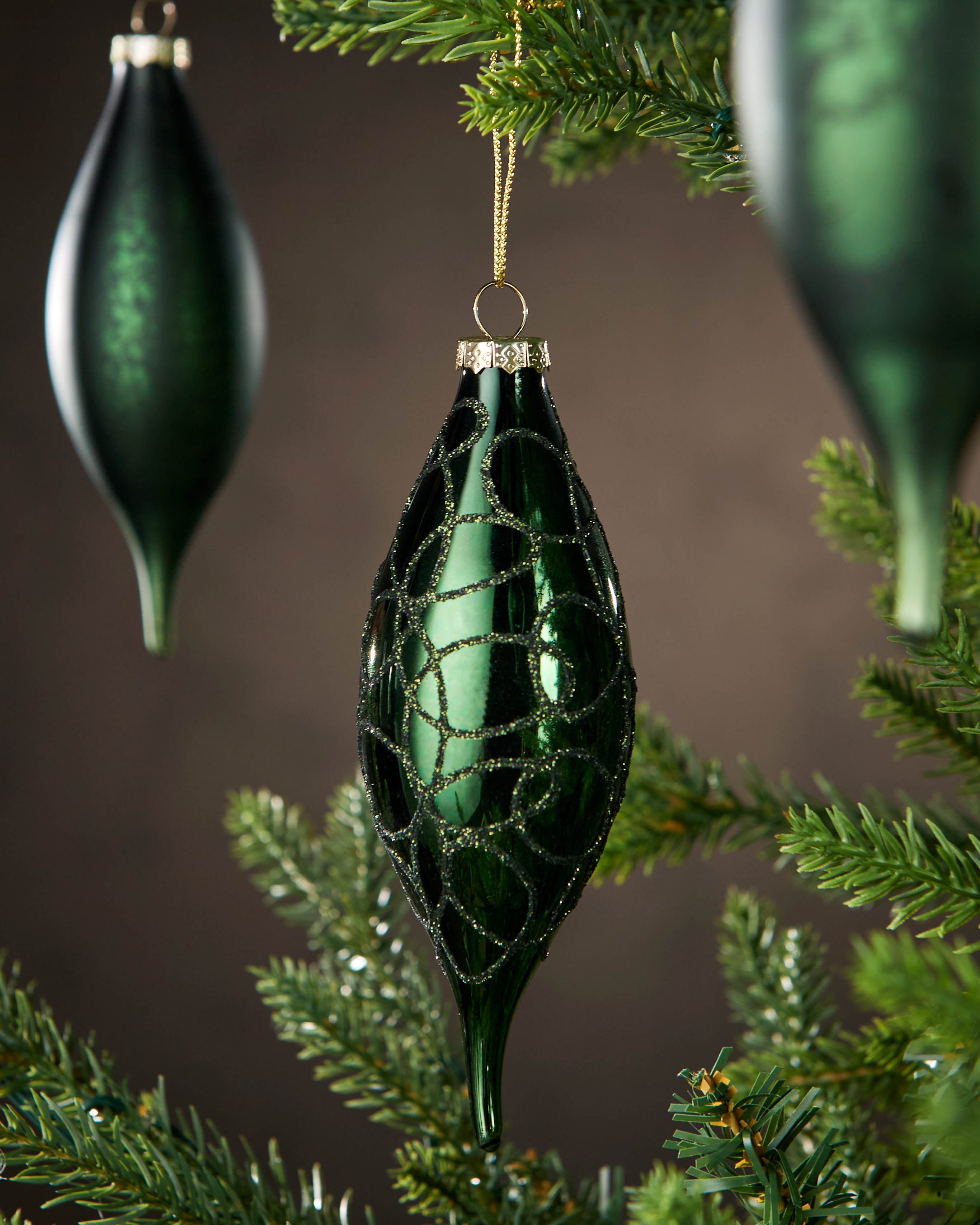 Set of 5 Large Glass Teardrop Baubles, Sage Green, 15 cm