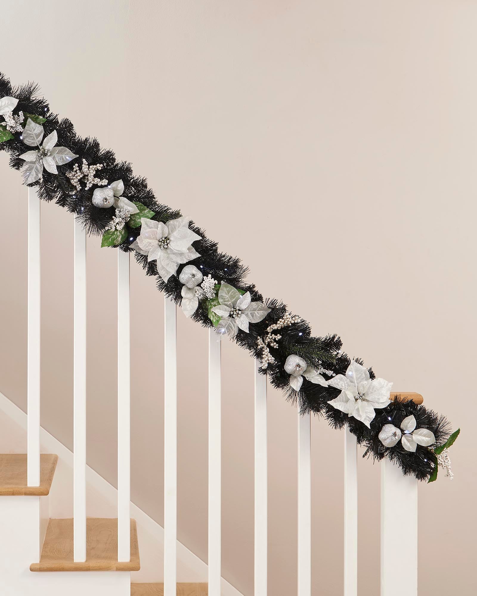 Pre-Lit Decorated Black Garland, White / Silver