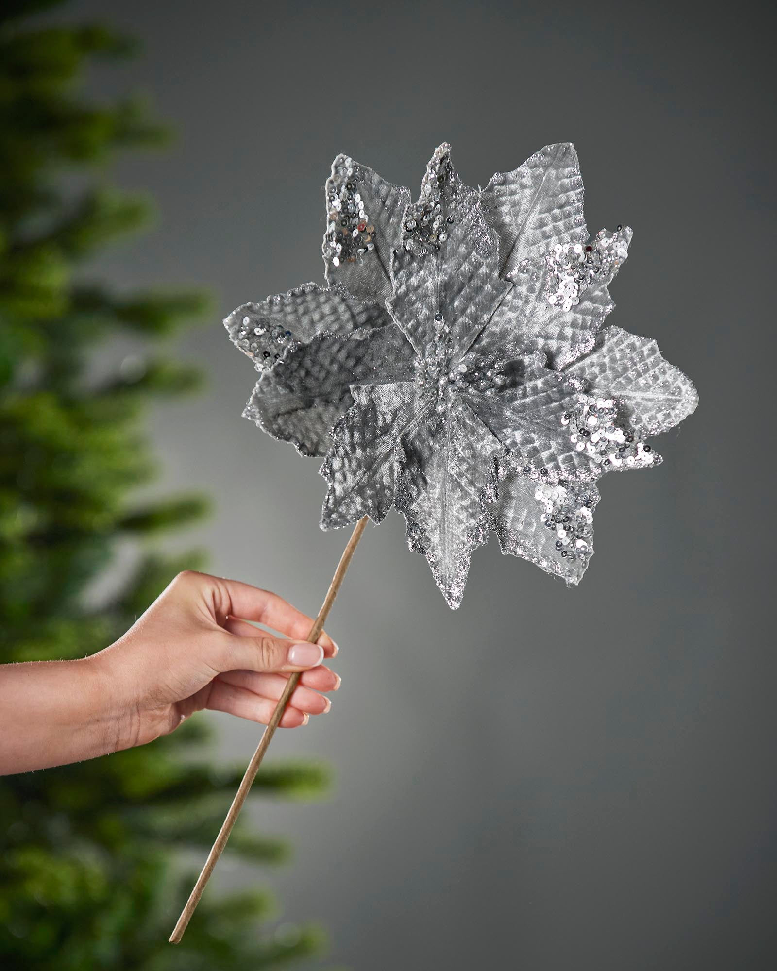 Silver Artificial Poinsettia Flower, 29 cm