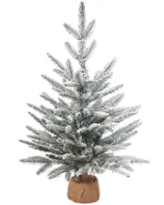 2ft Snow flocked artificial Christmas tree with a brown hessian-wrapped base on a white background.