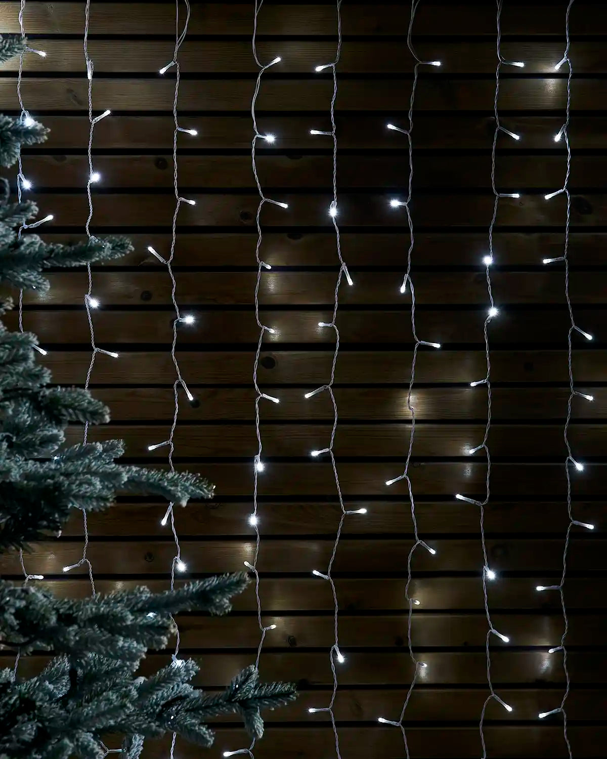 White curtain lights on white cable hanging against a wooden wall beside a frosted tree.