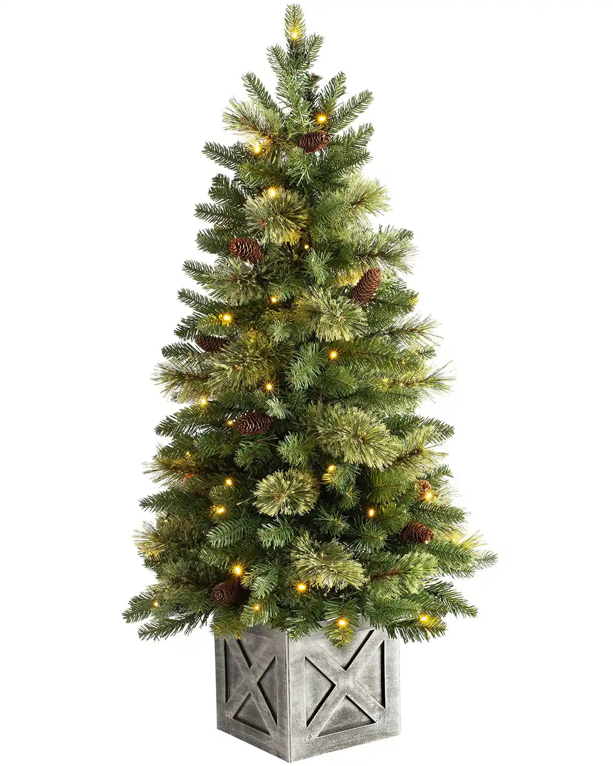 3.5 ft pre-lit natural pine potted Christmas tree with pinecones and warm white lights on a white background