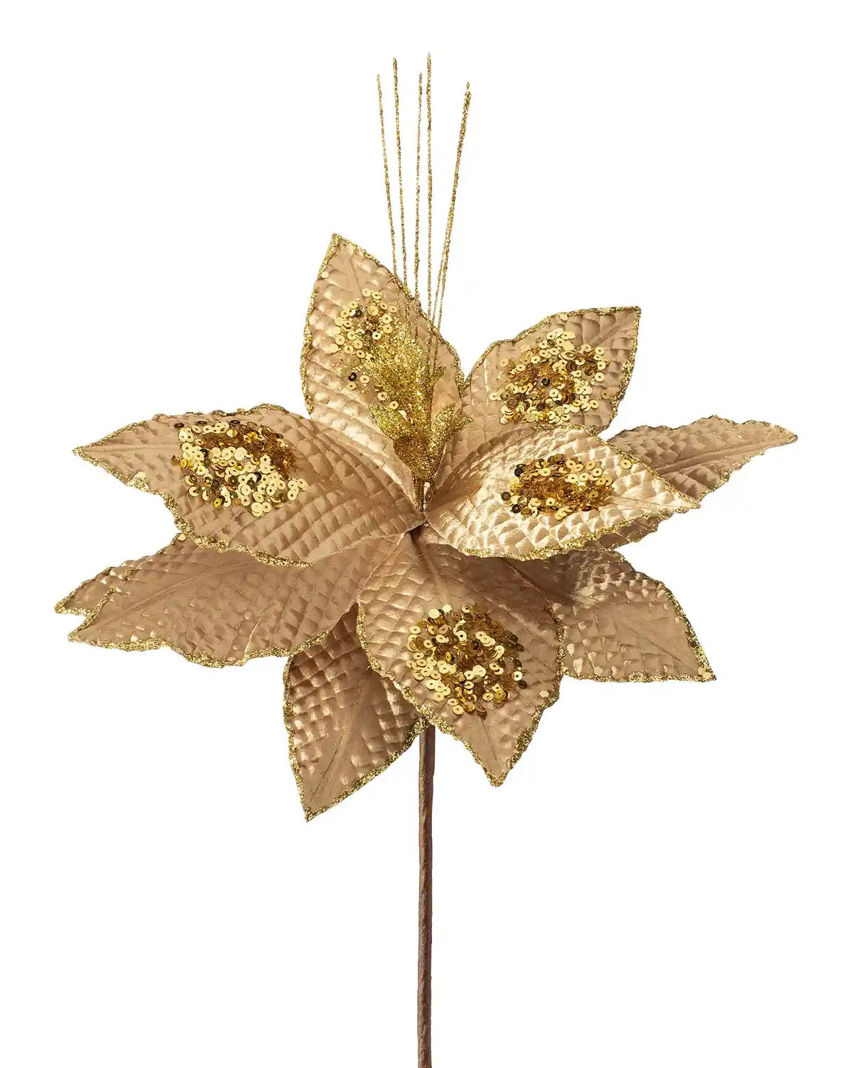 30 cm gold artificial poinsettia flower on a white background