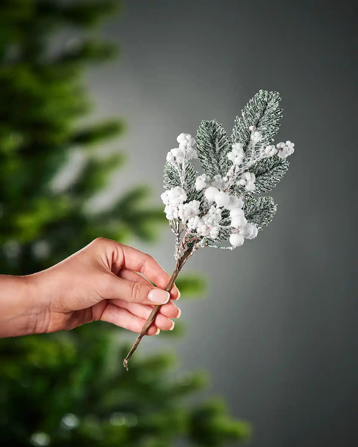 31 cm white artificial berries pick held beside a Christmas tree