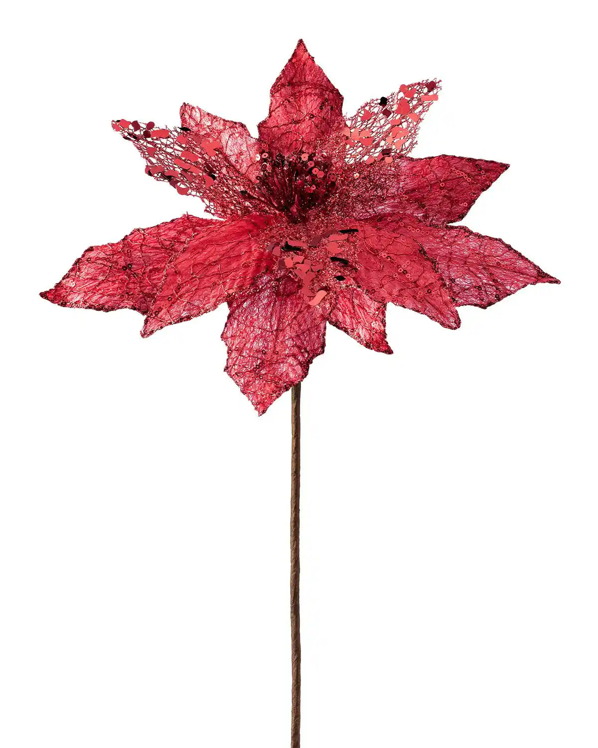 34 cm red artificial poinsettia flower on a white background