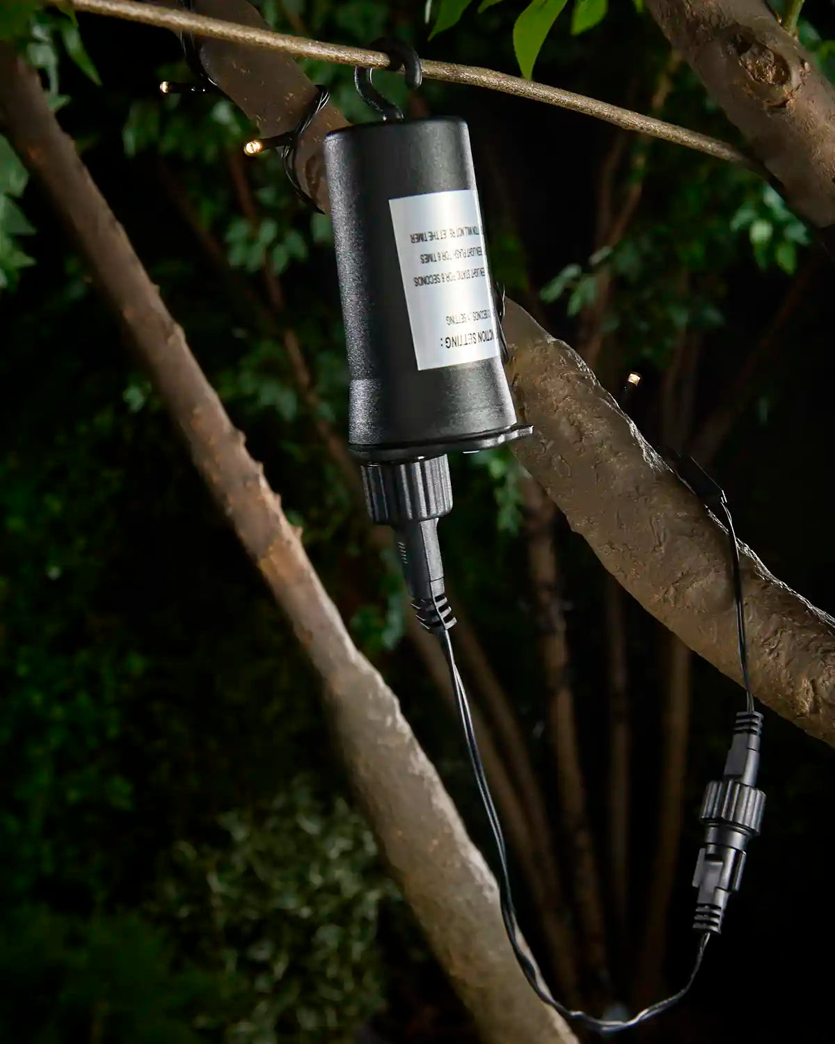 3AA Battery Box attached to a tree with with screw cap connector attached