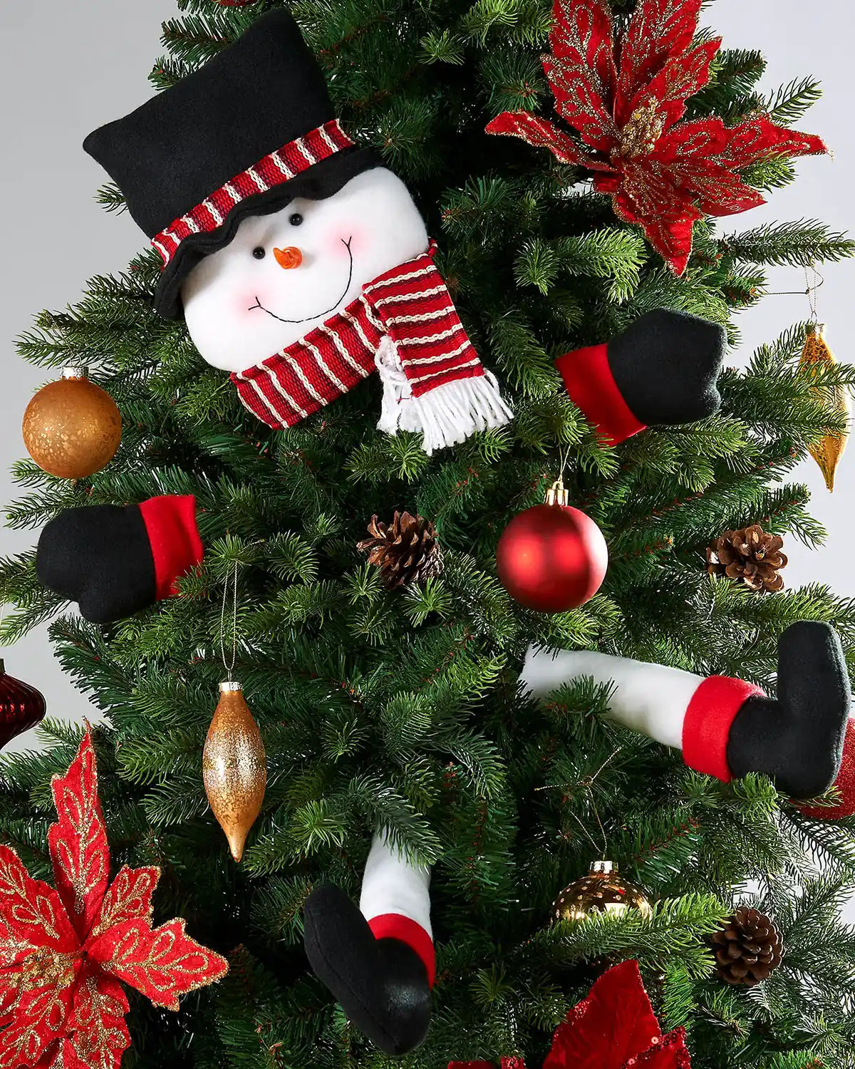 3D DIY Snowman Tree Decoration, 40 cm on a Christmas tree with Red and Gold Baubles and Red Poinsettia flowers