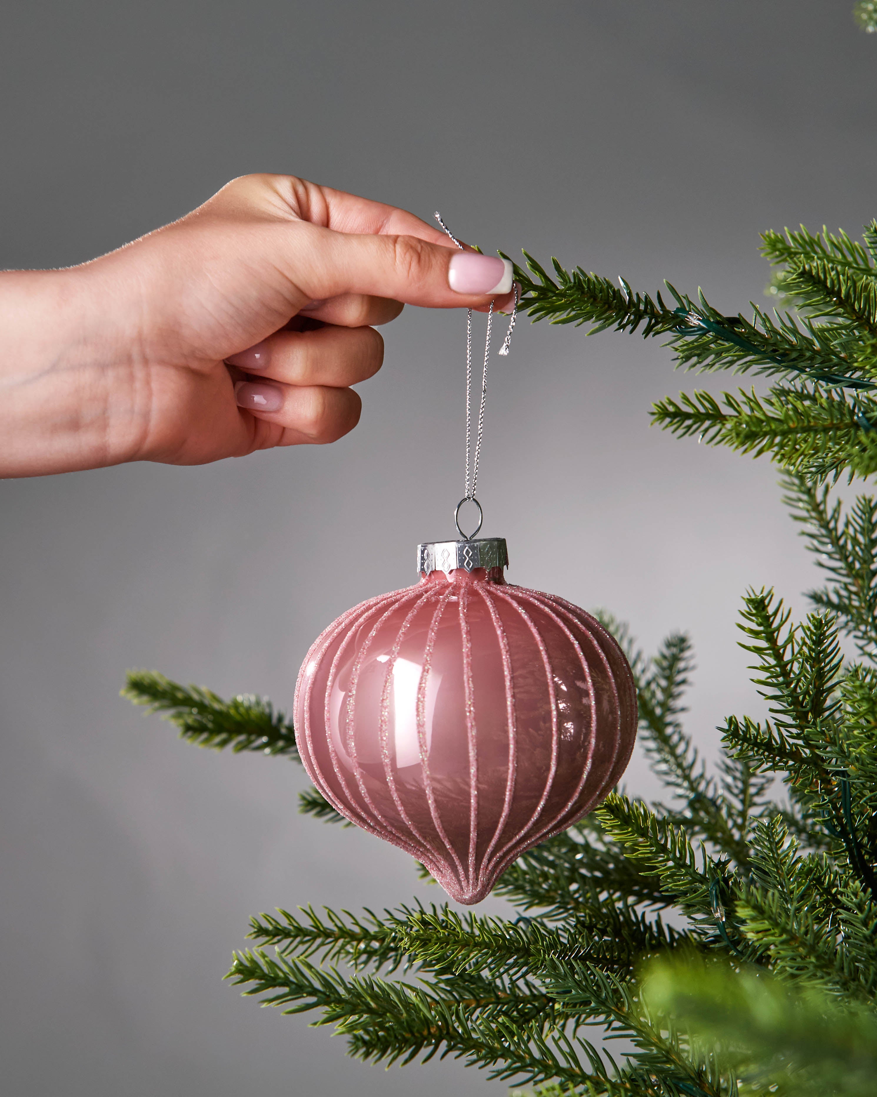 6 Baby Pink Glass Baubles, 10 cm