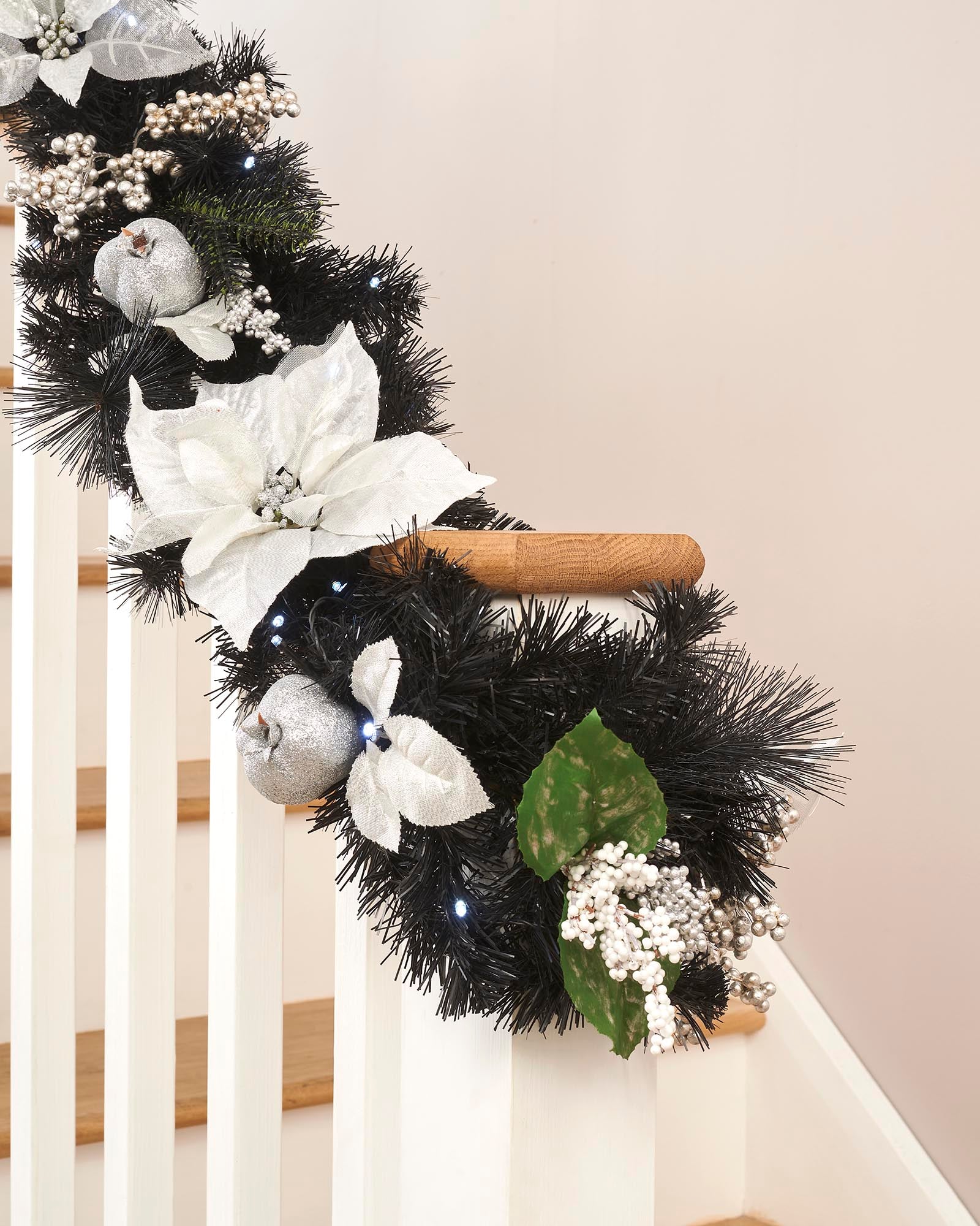 Pre-Lit Decorated Black Garland, White & Silver, 6 ft