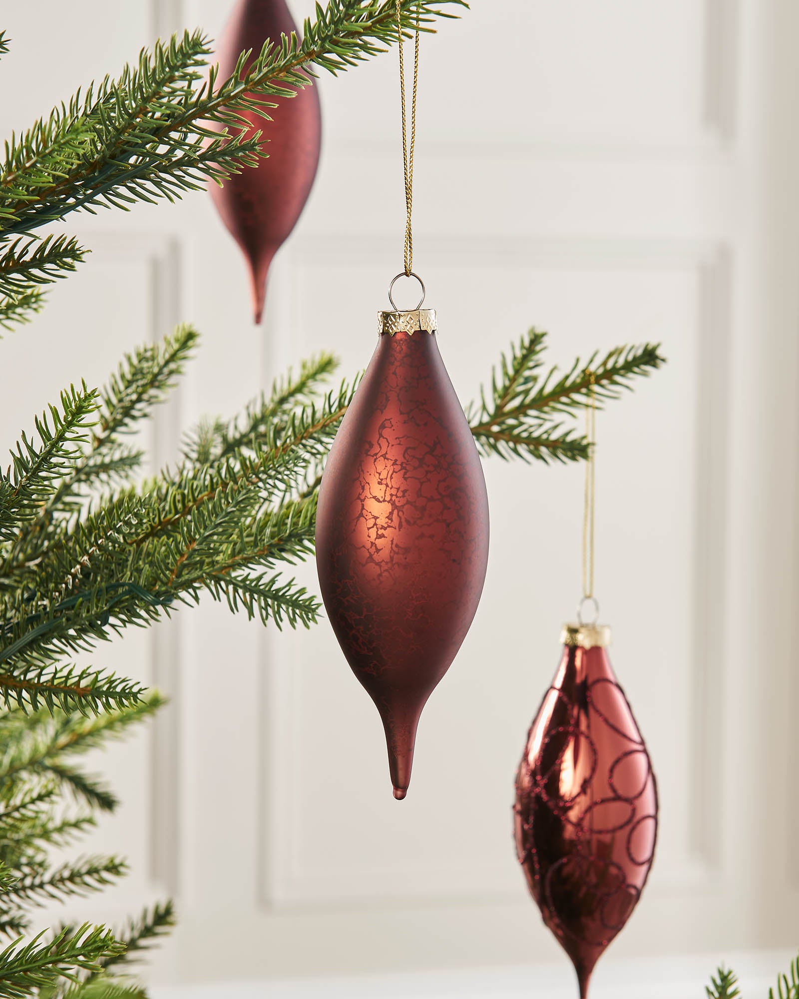 Five Burgundy Glass Baubles, 15 cm