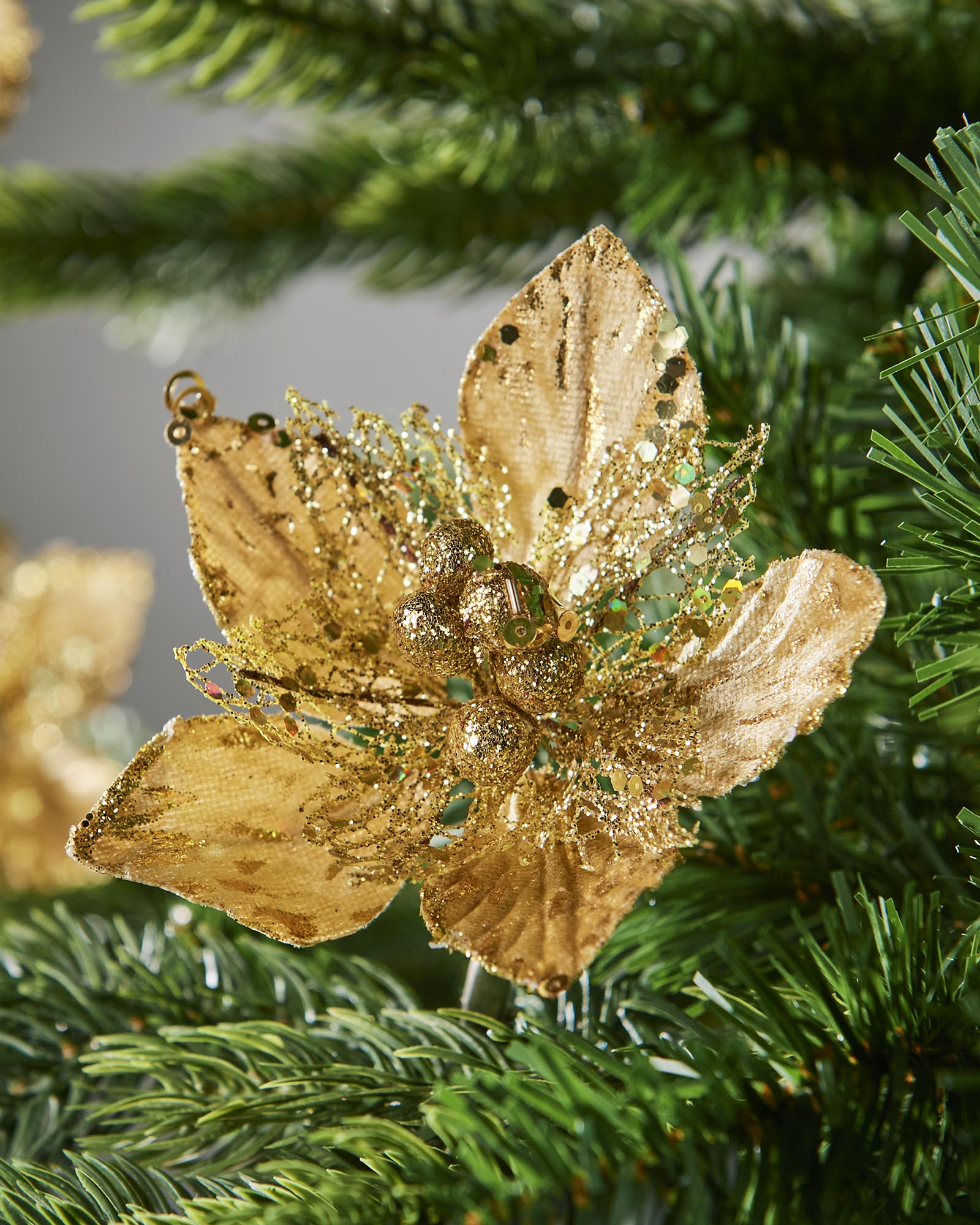 Set of 3 Gold Artificial Poinsettia Flowers with Clip, 12 cm
