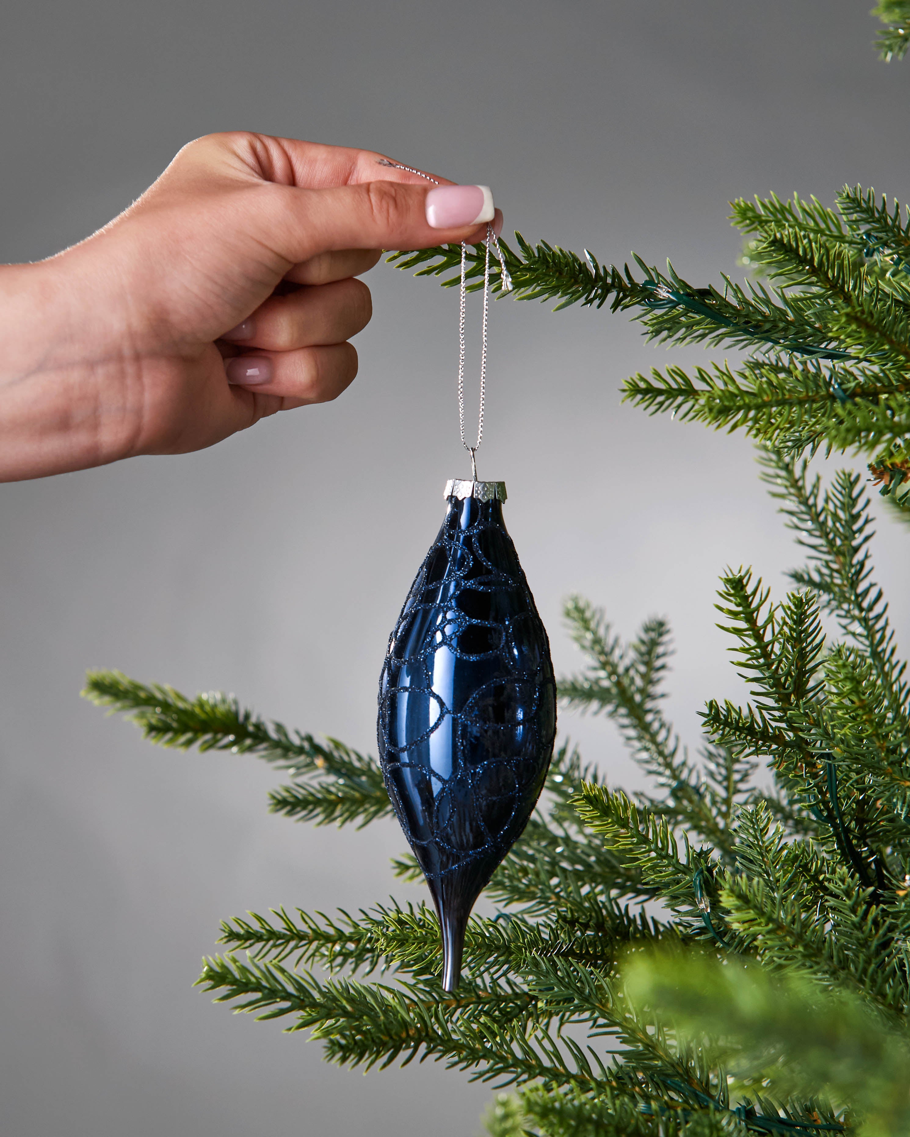 Set of 5 Large Glass Teardrop Baubles, Navy, 15 cm
