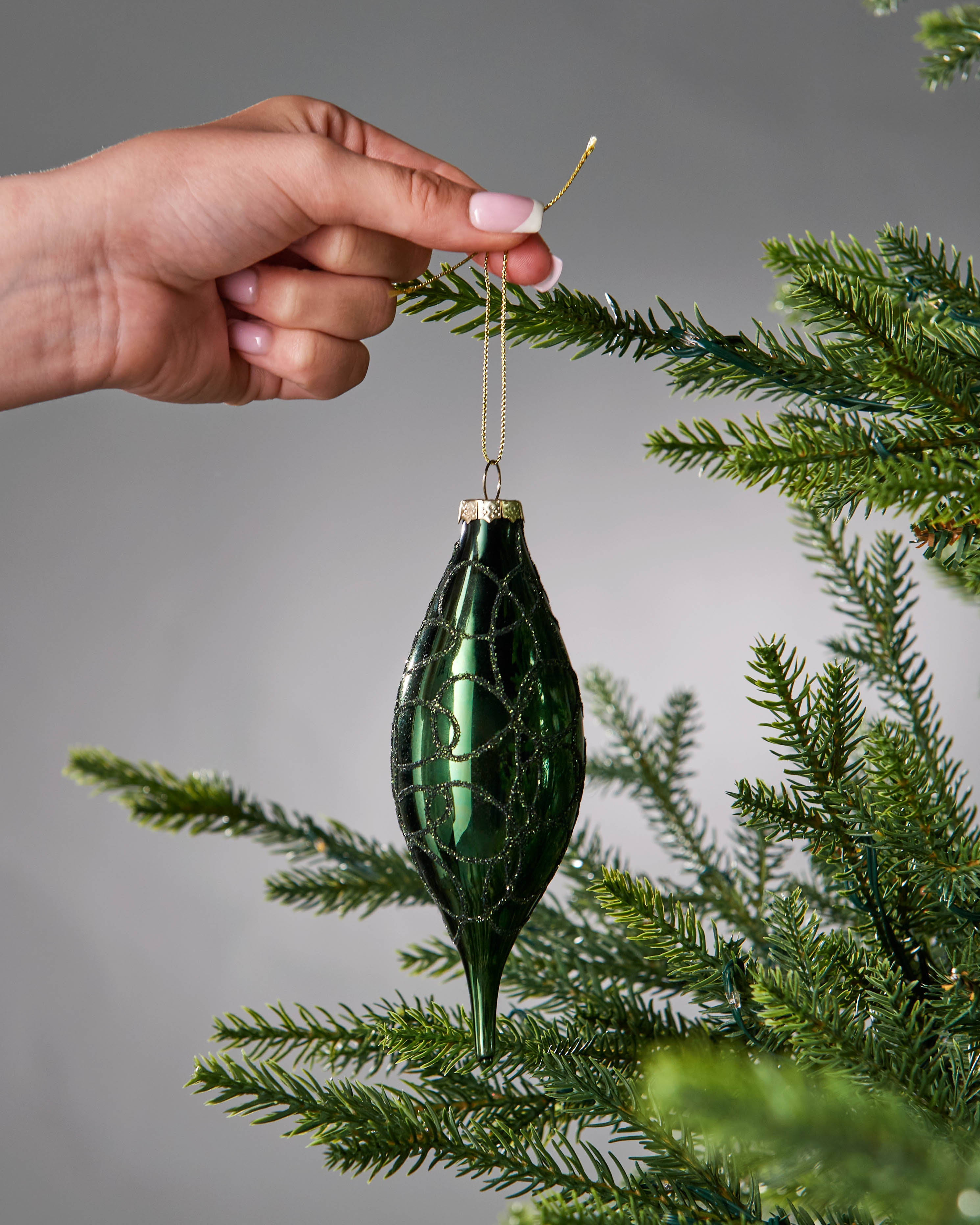 Set of 5 Large Glass Teardrop Baubles, Sage Green, 15 cm