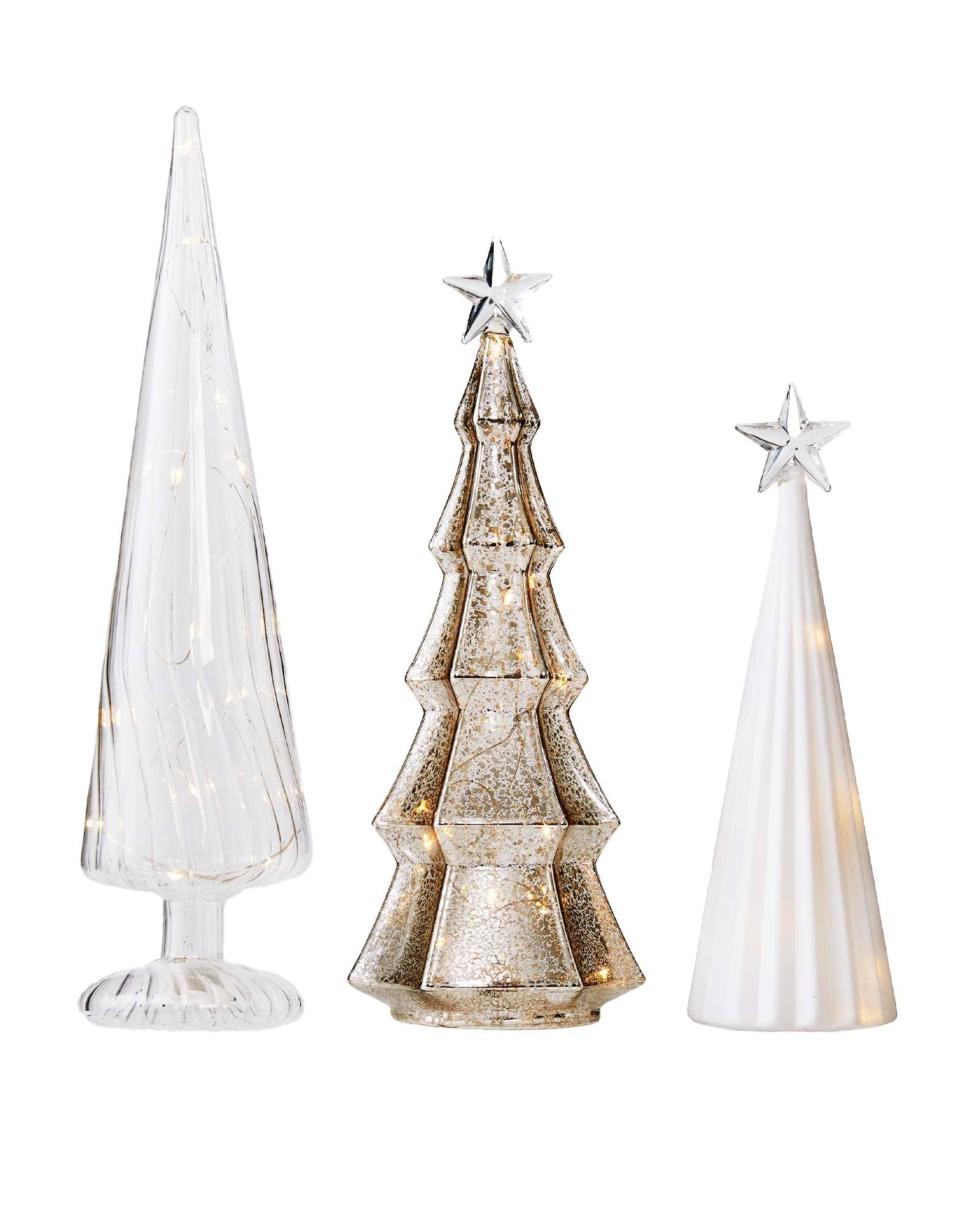 Set of 3 Pre-Lit Glass Christmas Trees, 35 cm