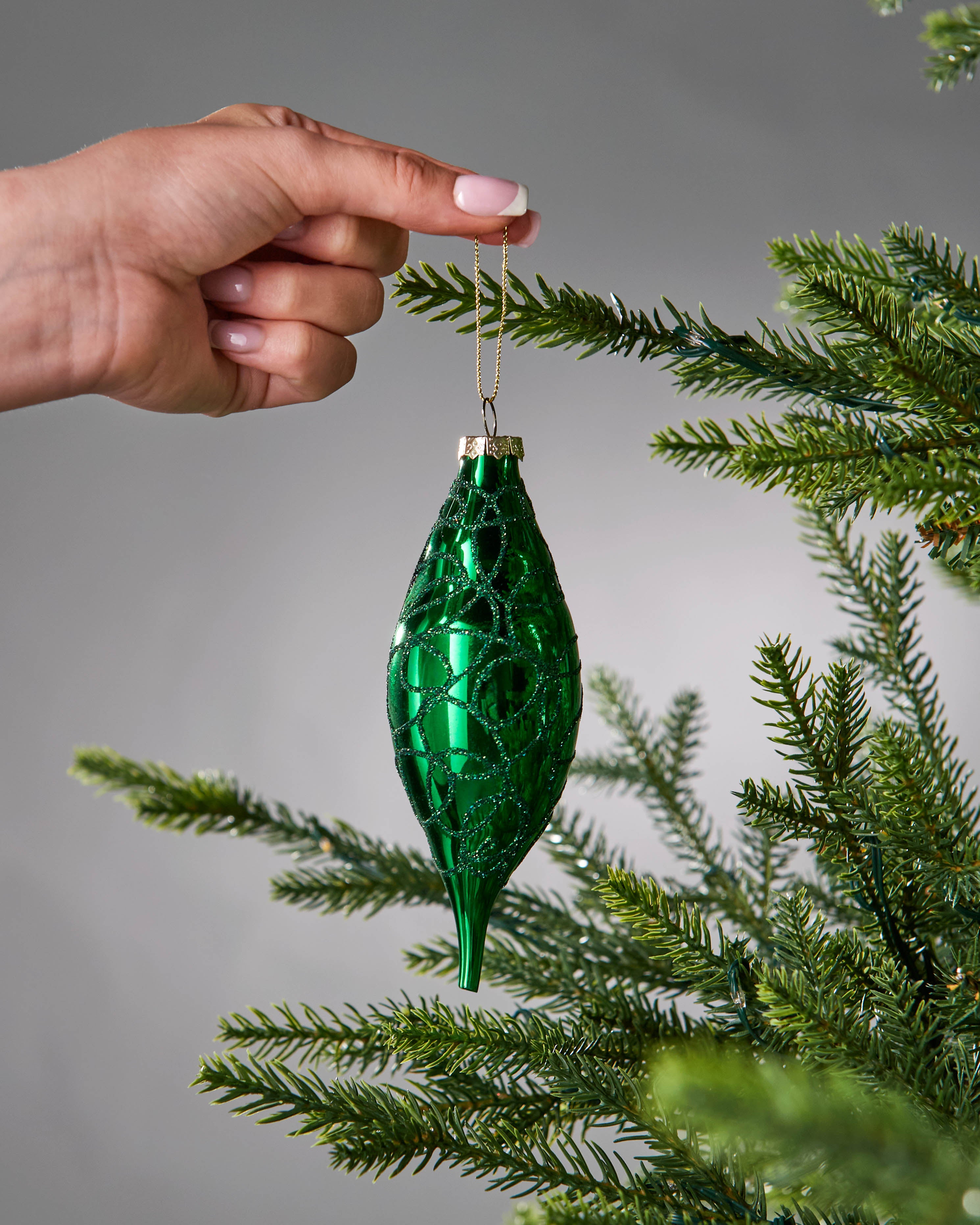 Set of 5 Large Glass Teardrop Baubles, Christmas Green, 15 cm