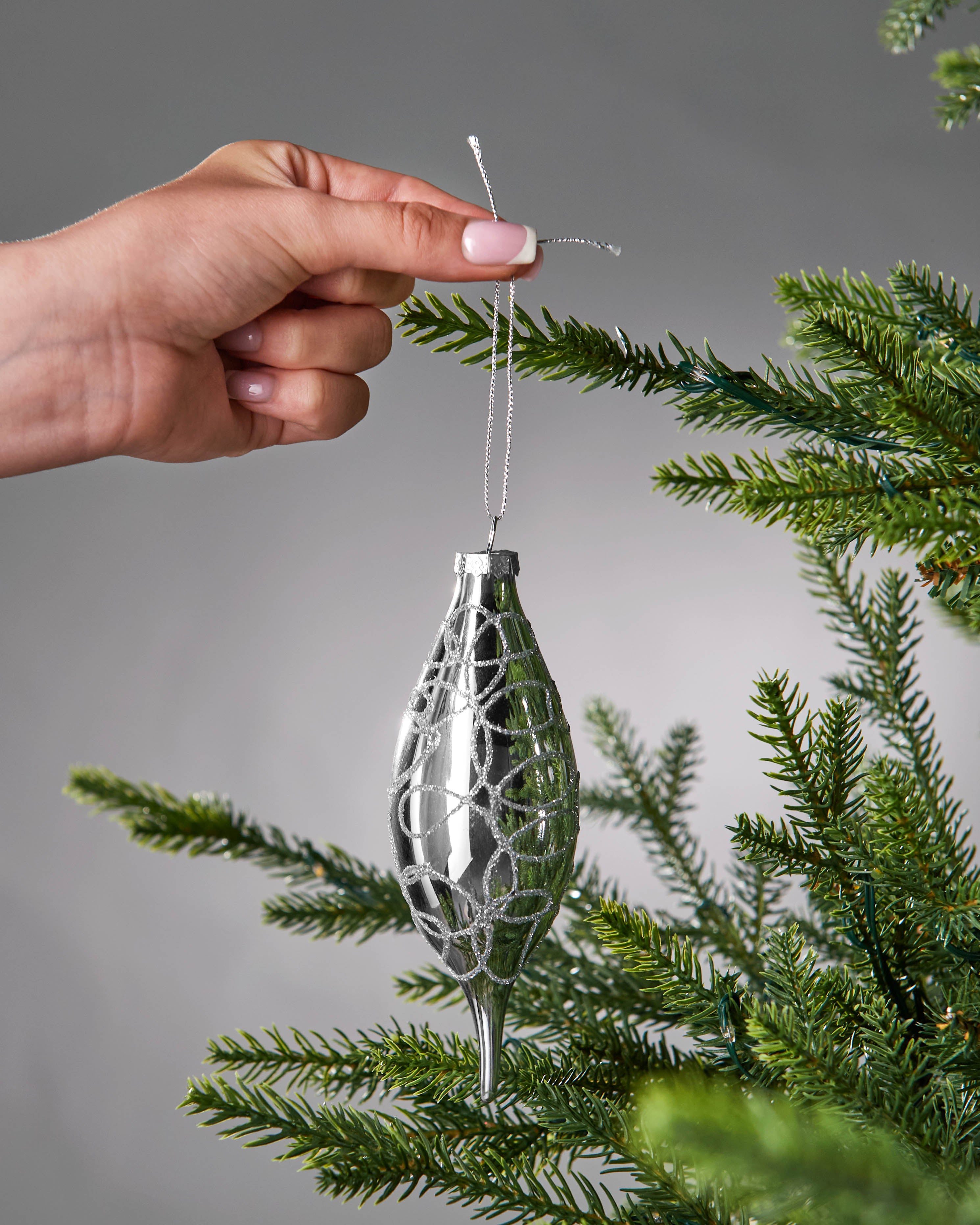 Set of 5 Large Glass Teardrop Baubles, Silver, 15 cm