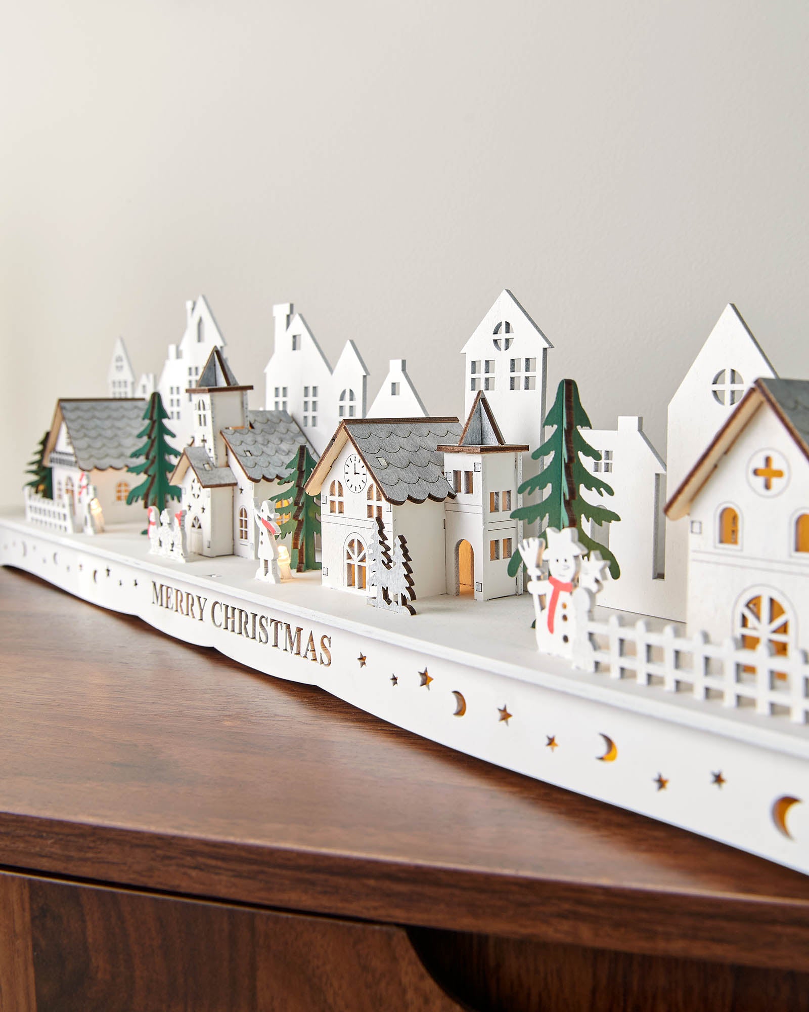 Pre-Lit Wooden Village Scene, White, 70cm