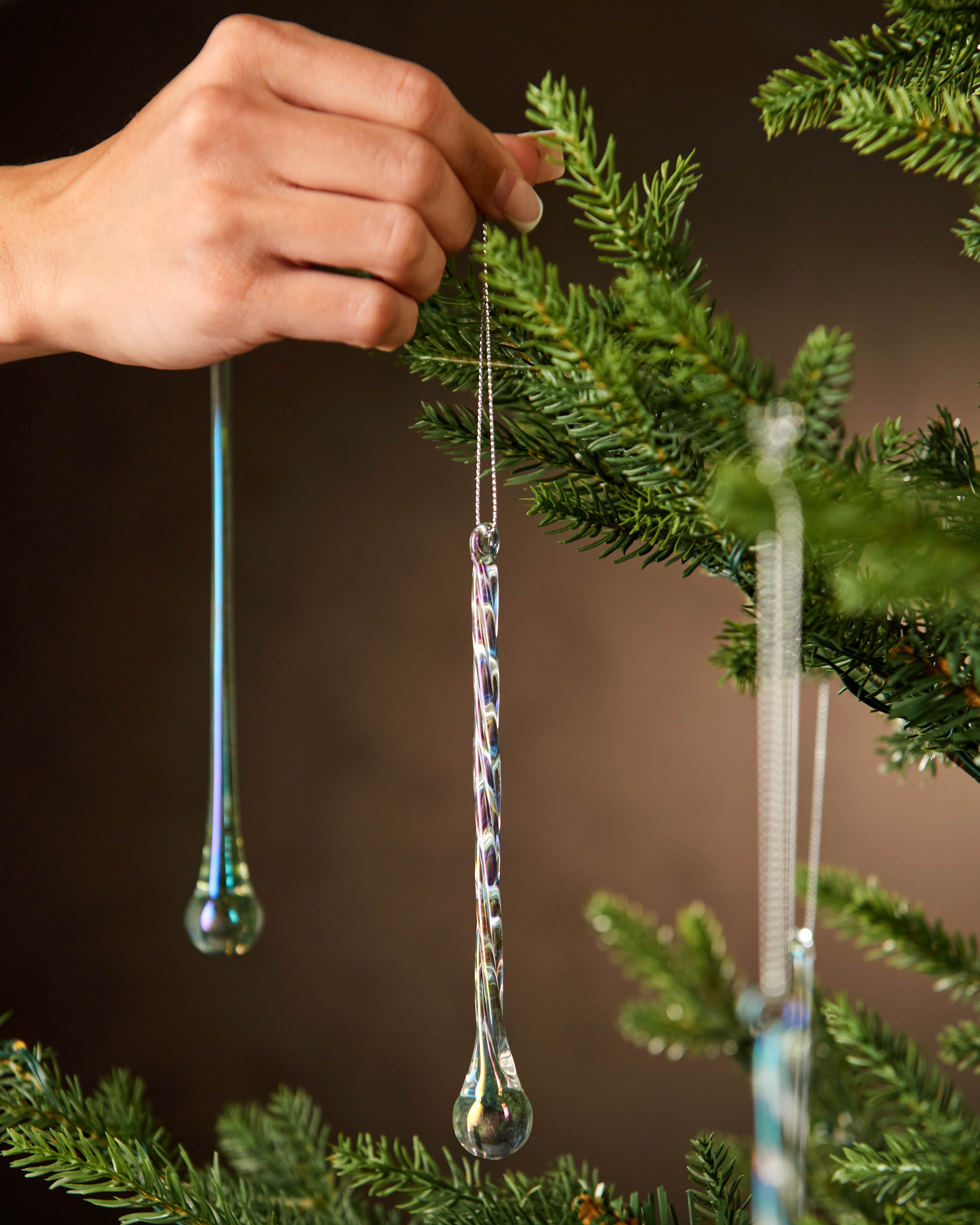 Set of 6 Iridescent Glass Teardrop Icicles, 25 cm