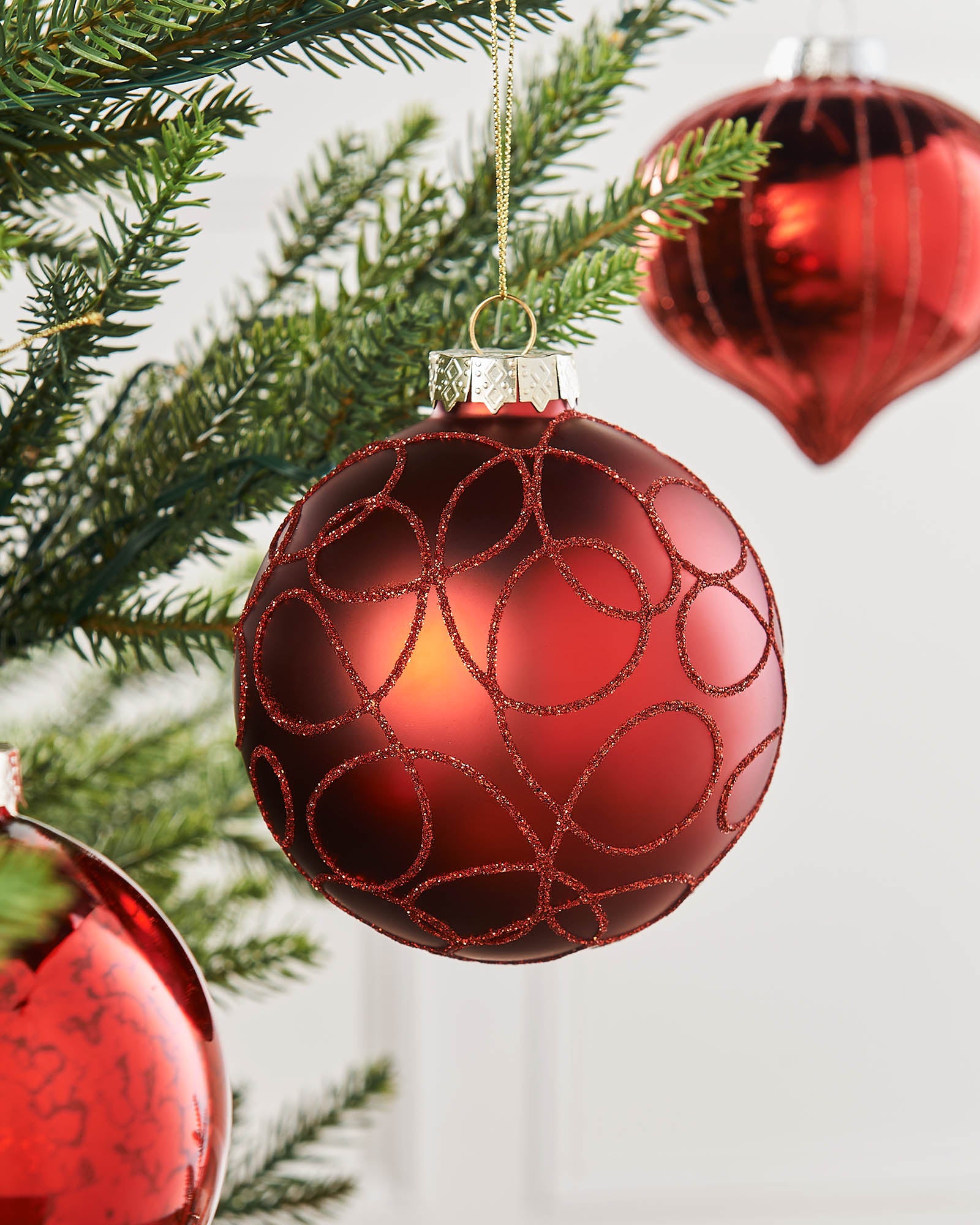 Six Christmas Red Glass Baubles, 10 cm