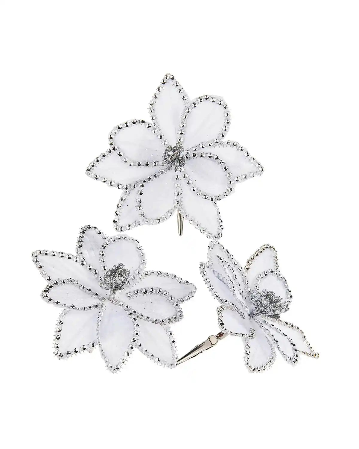 3 White Poinsettia flowers with Silver clips on a White background