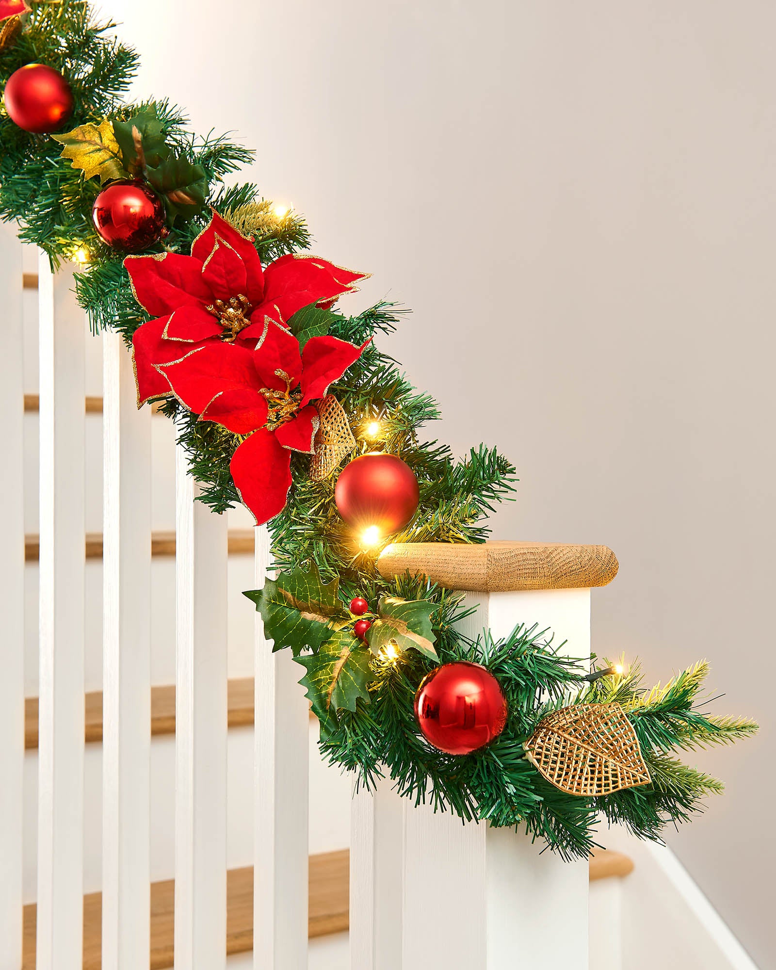 Pre-Lit Warm White Decorated Garland, Red/Gold, 9 ft