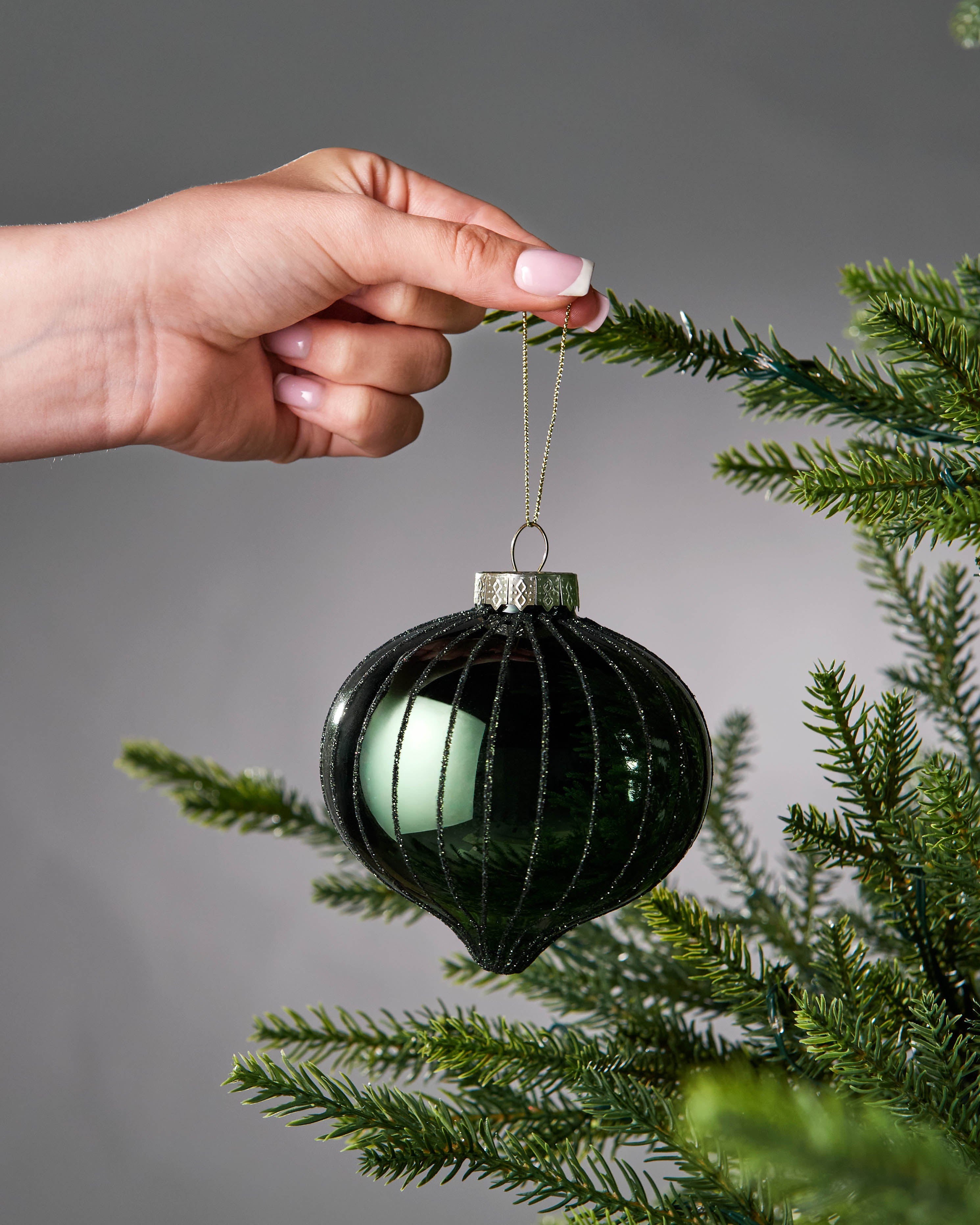 Set of 6 Glass Baubles, Sage Green, 10 cm