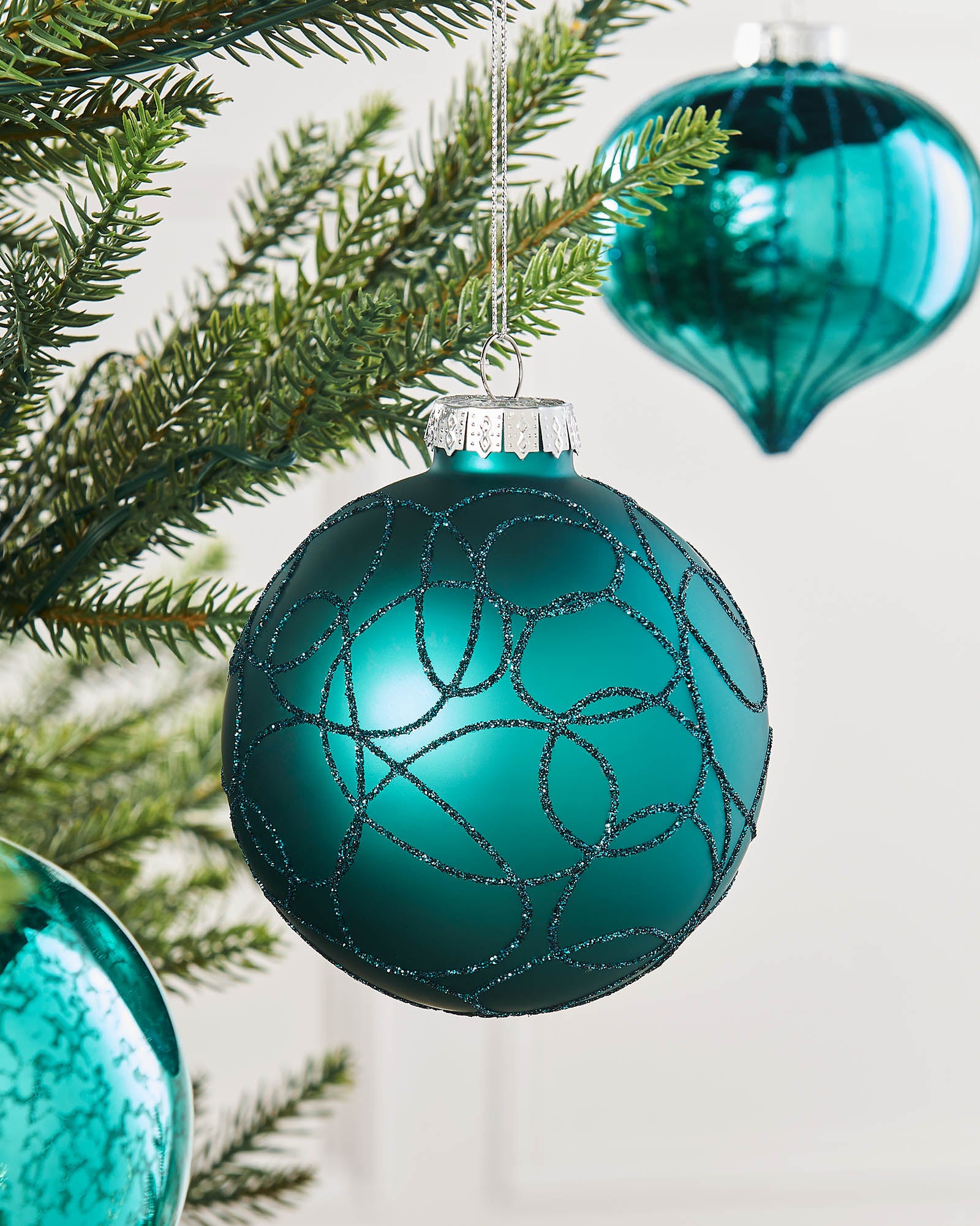 Set of 6 Glass Baubles, Teal, 10 cm