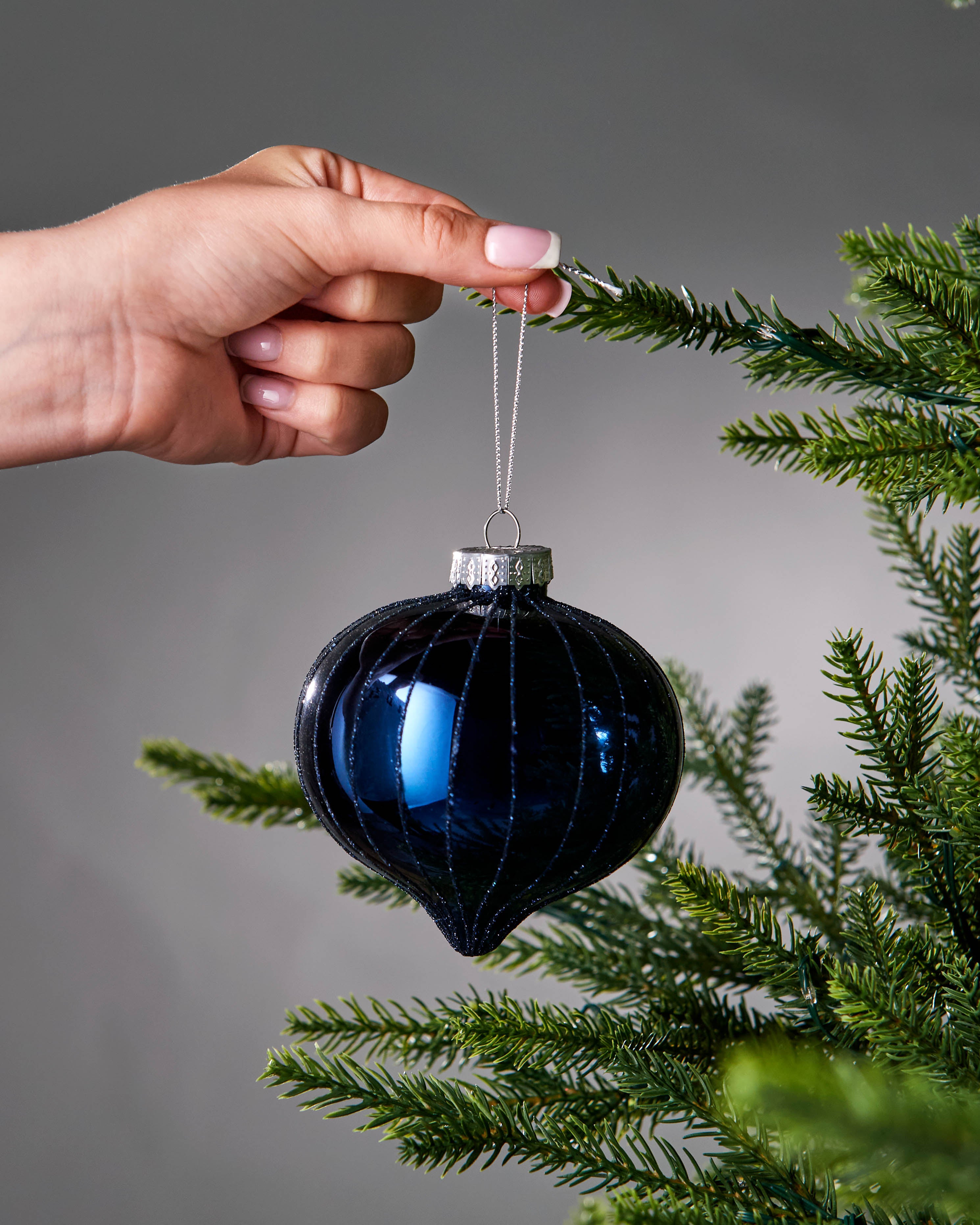 Set of 6 Glass Baubles, Navy, 10 cm