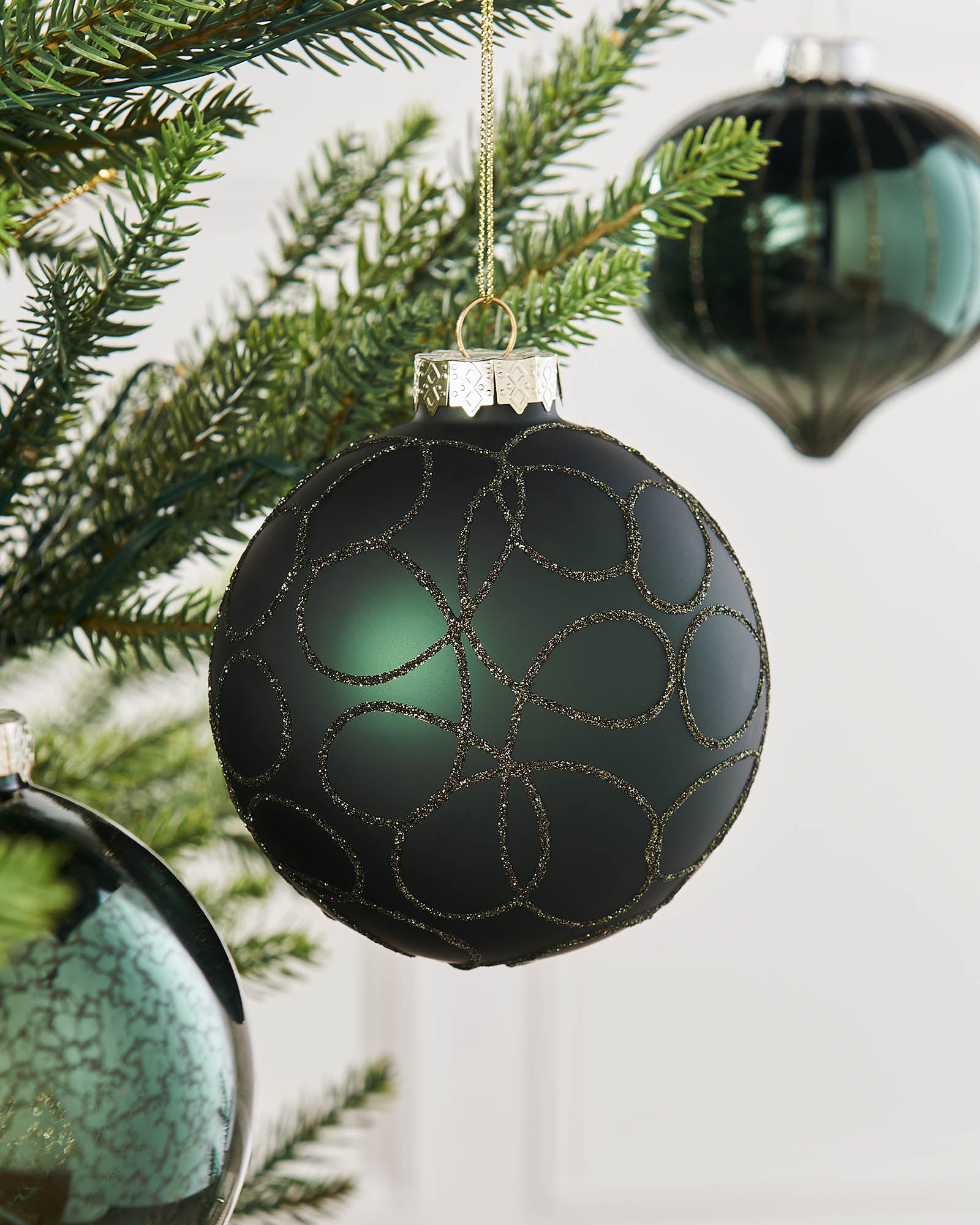 Six Sage Green Glass Baubles, 10 cm