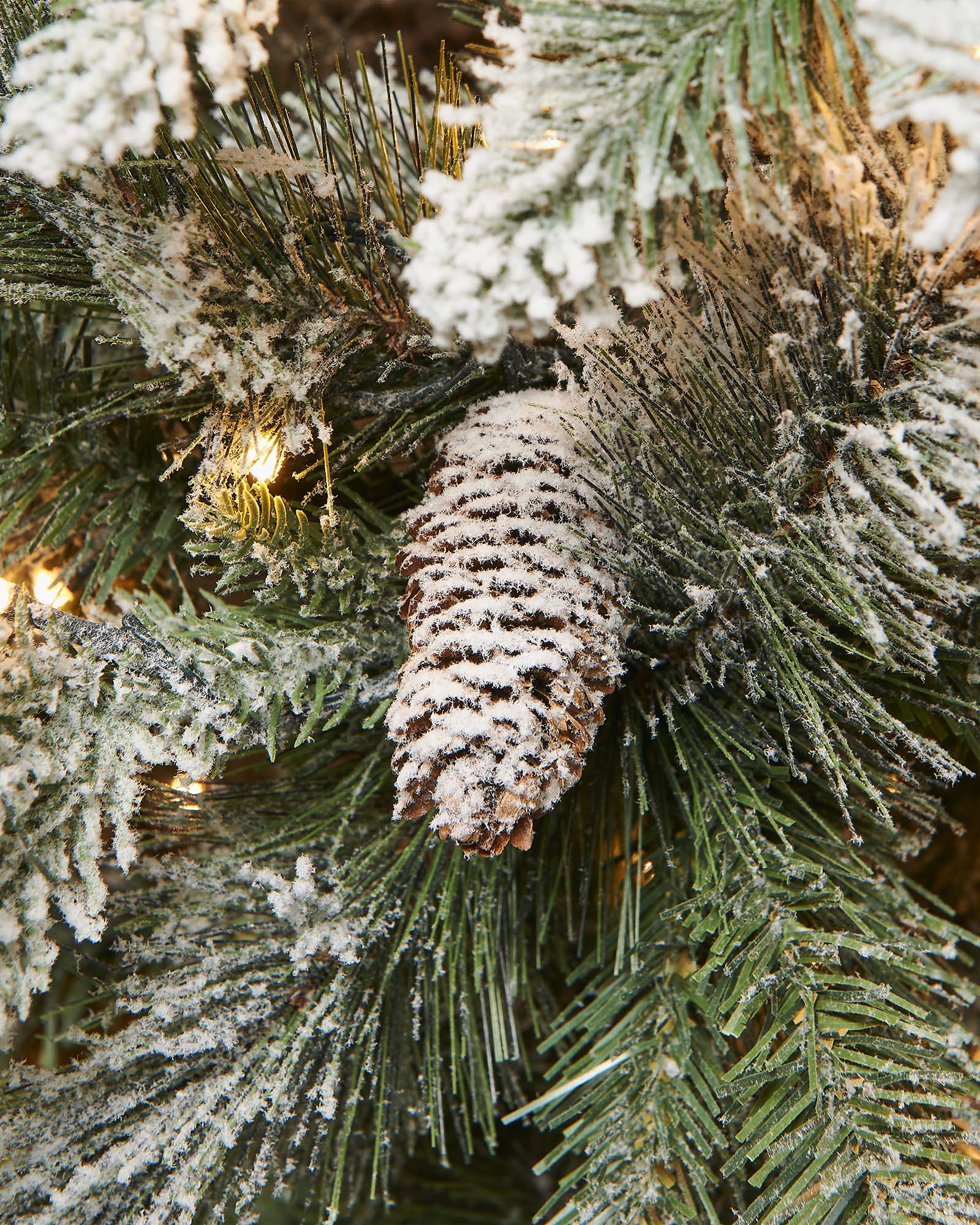 Frosted pine cone on a decorated Christmas tree