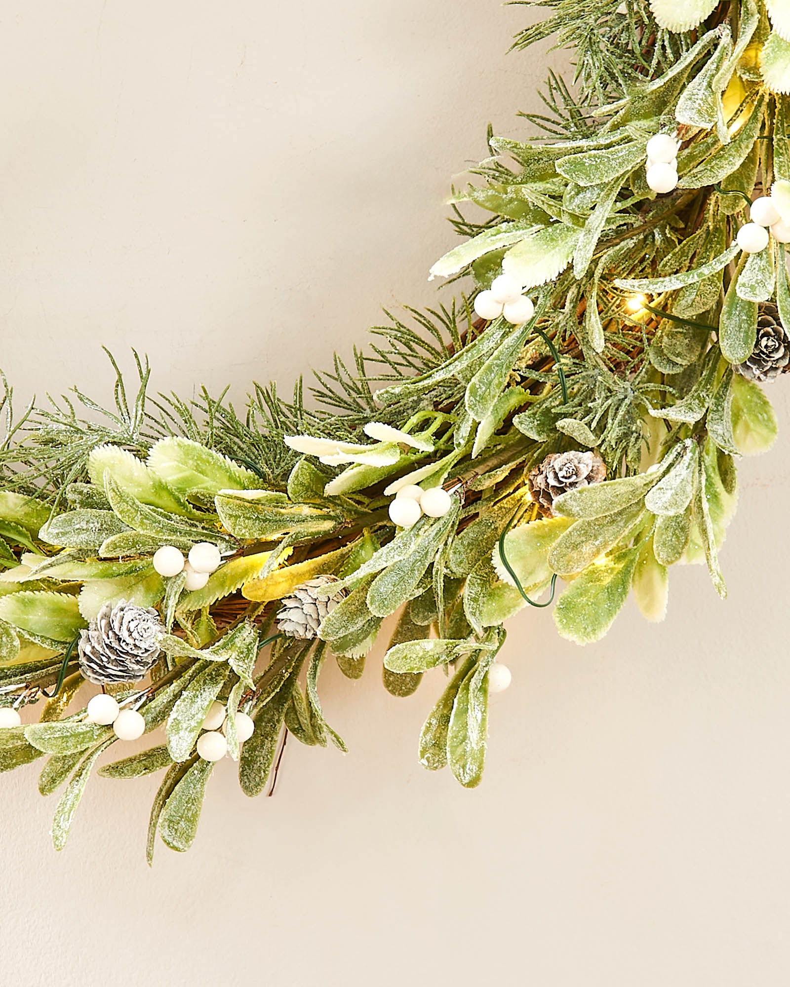 Pre-Lit Frosted Mistletoe Wreath with Pinecones & Berries, 76 cm