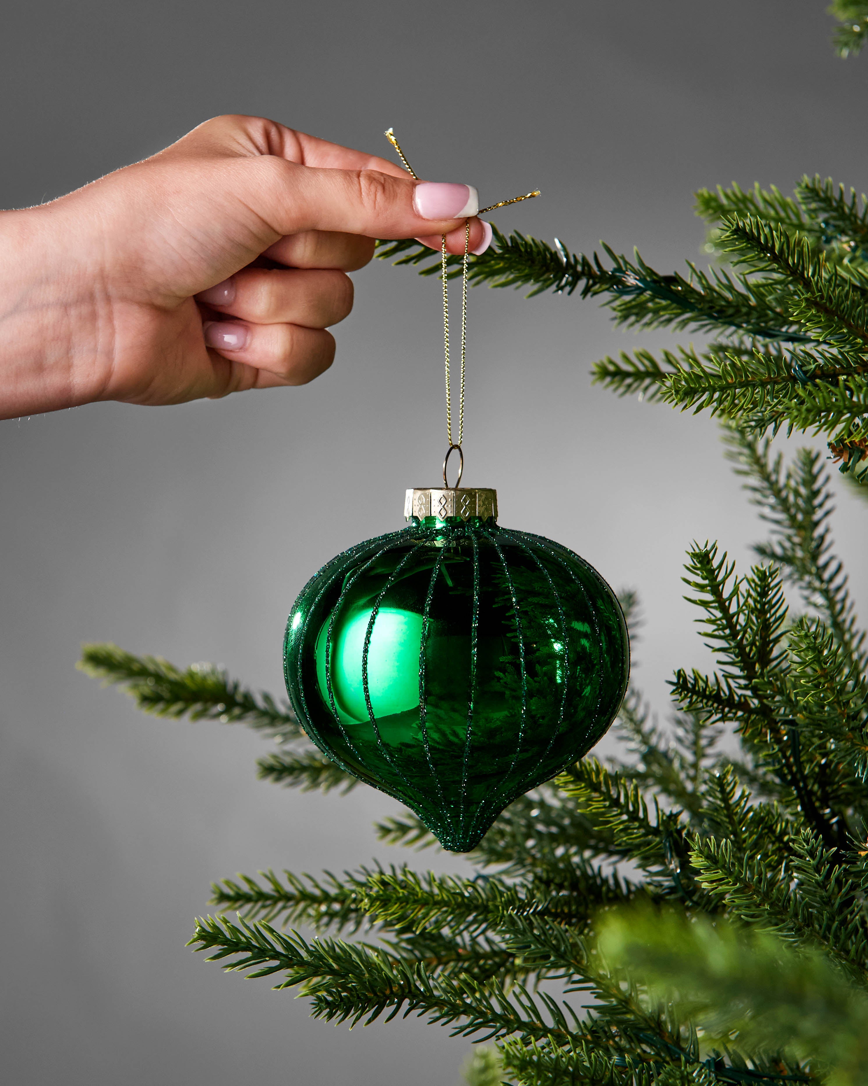 Set of 6 Glass Baubles, Christmas Green, 10 cm