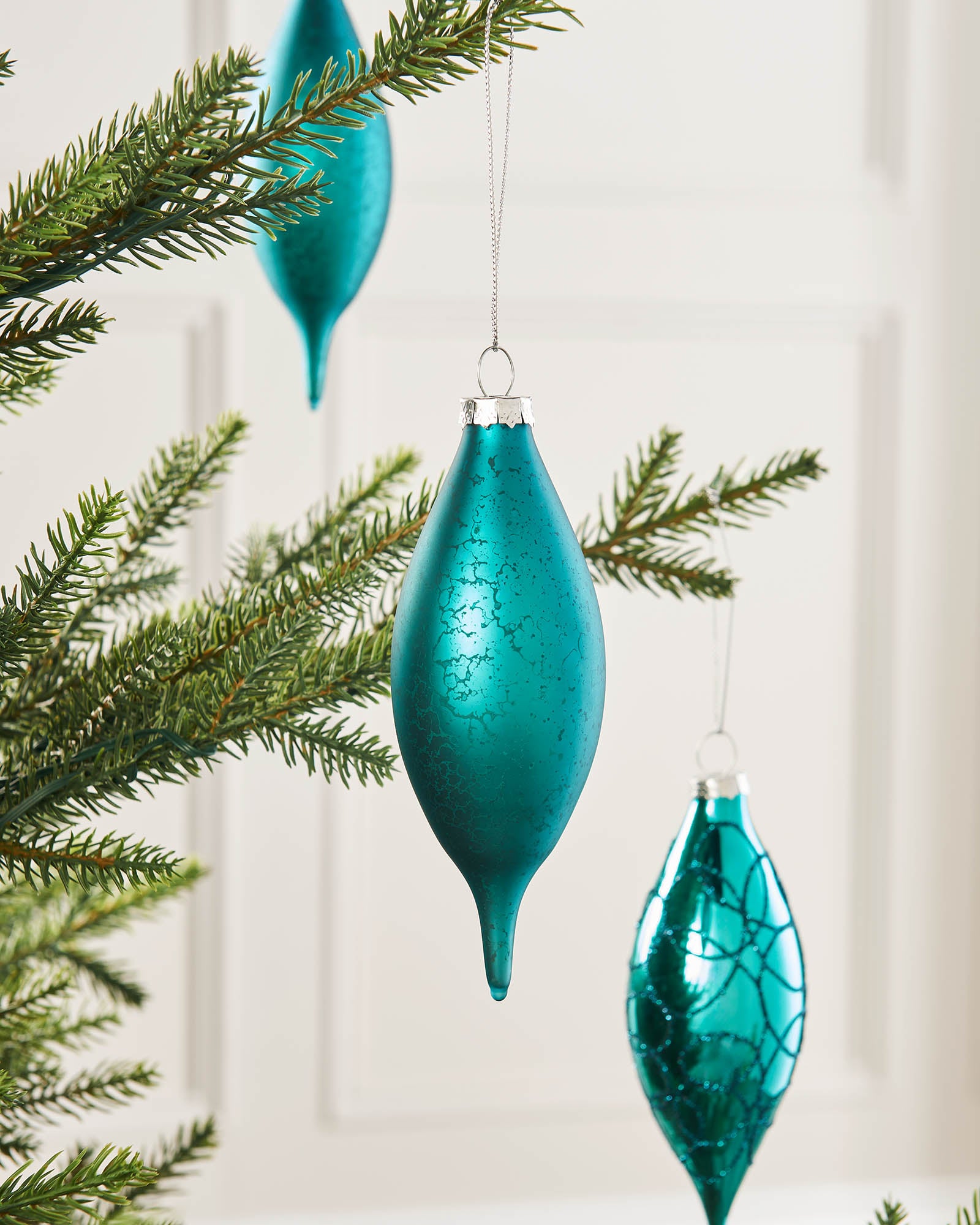 Set of 5 Large Glass Teardrop Baubles, Teal, 15 cm