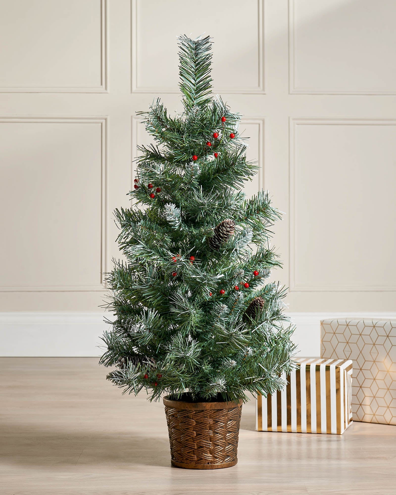 3 ft potted Scandinavian blue spruce Christmas tree with frosted branches, pinecones and red berries