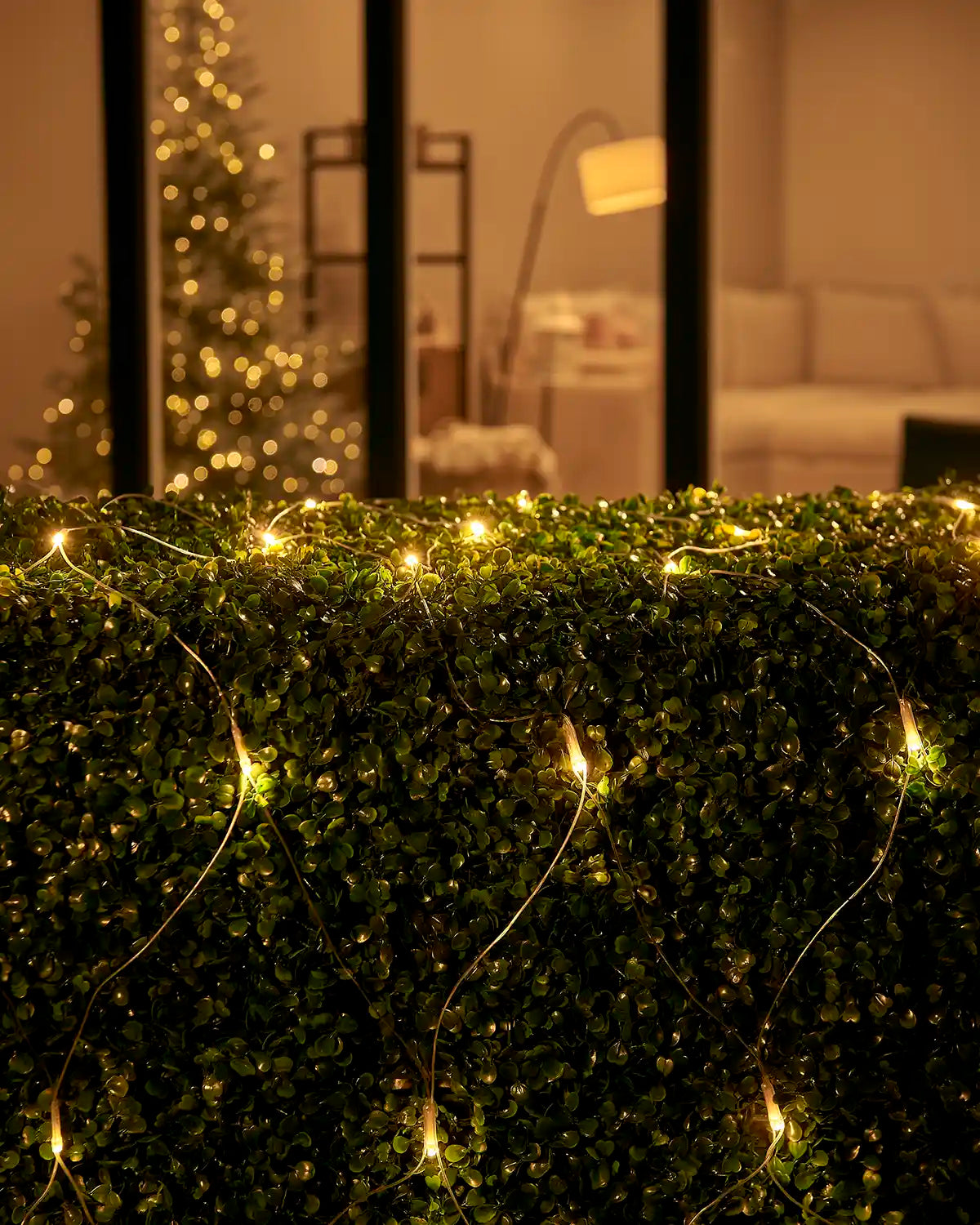 Warm white net lights displayed over a hedge outside a home window, with iridescent cable visible.