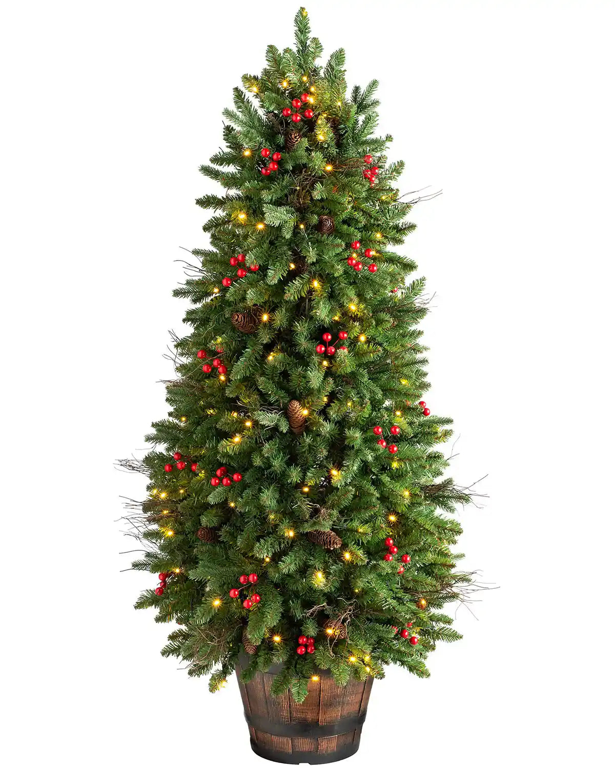 4.5 ft pre-lit pines and berries potted Christmas tree with red berries, pinecones and warm white lights on a white background