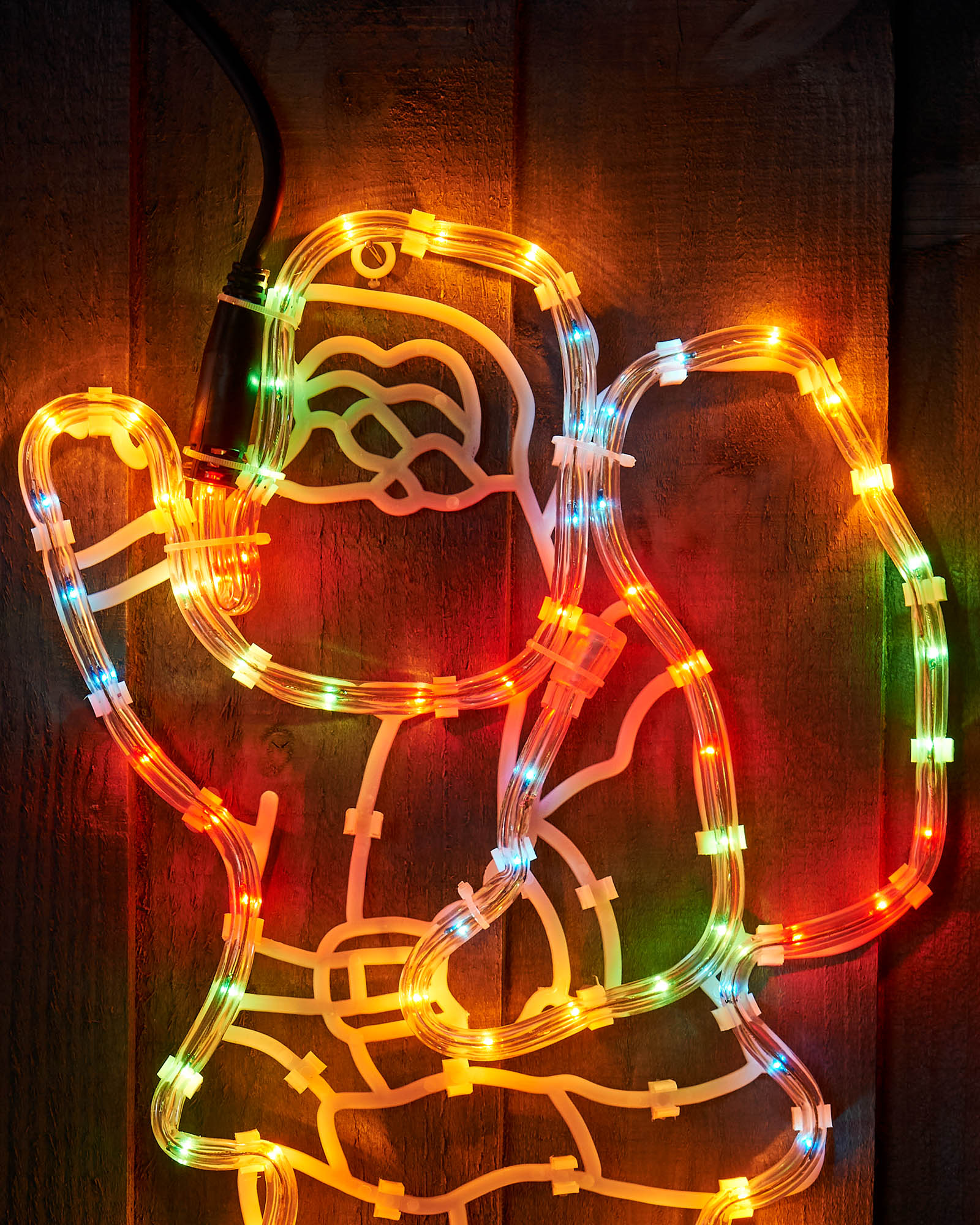 Close-up of the Santa with sack rope light showing multi-coloured LEDs and clear tubing