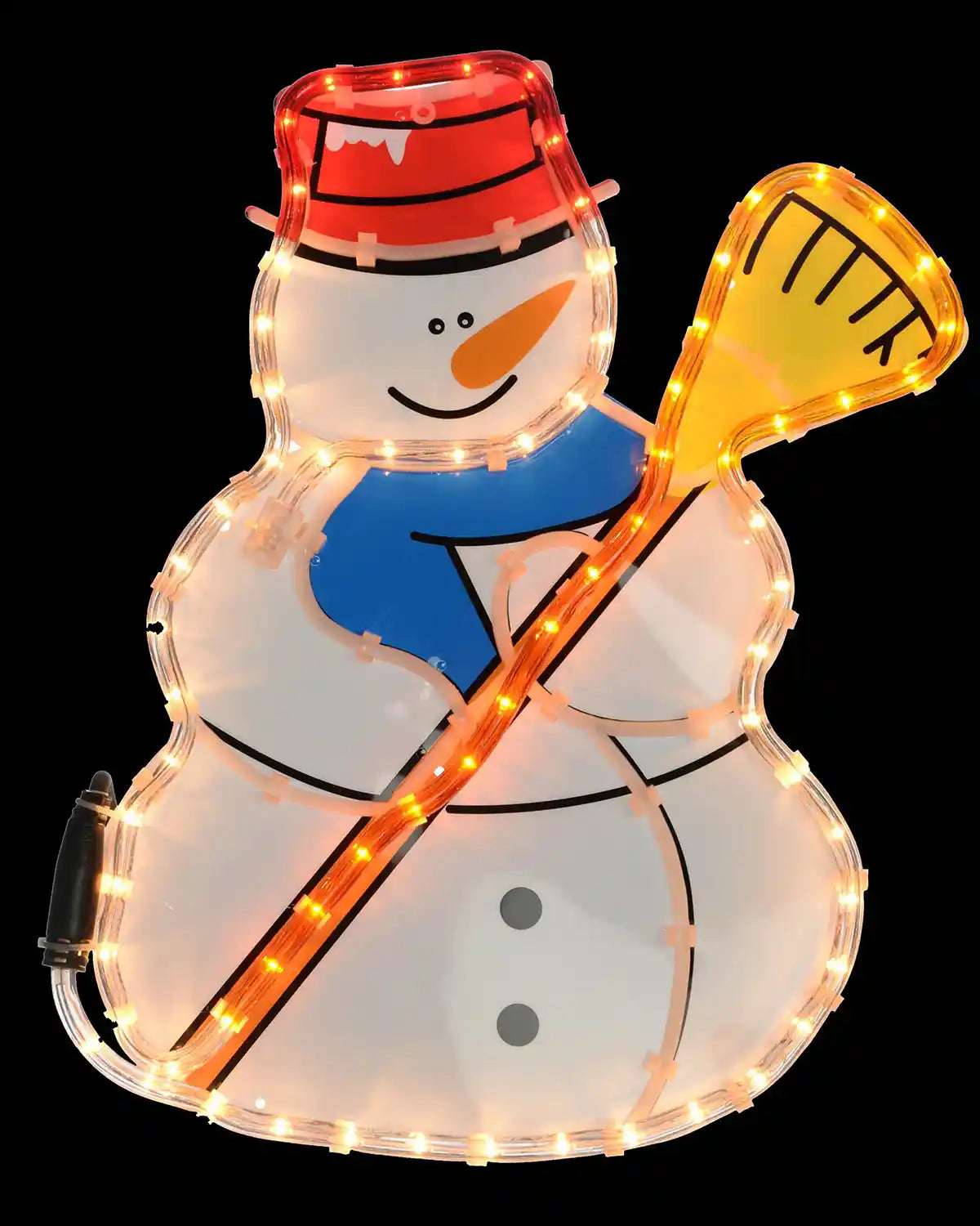 Close-up of the 42 cm snowman rope light showing the broom, hat and multi-coloured LEDs