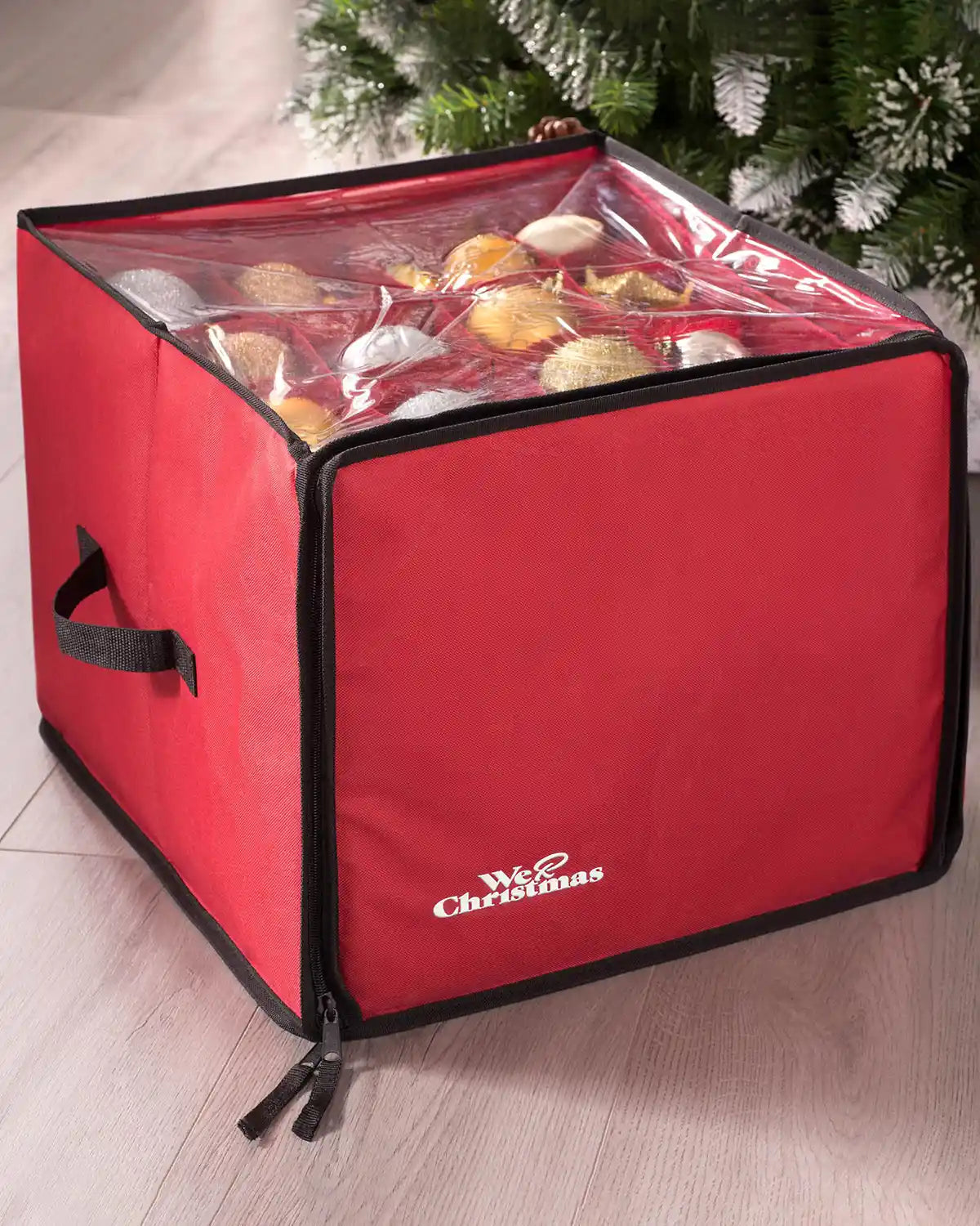 Closed red bauble and decoration storage box with clear top panel