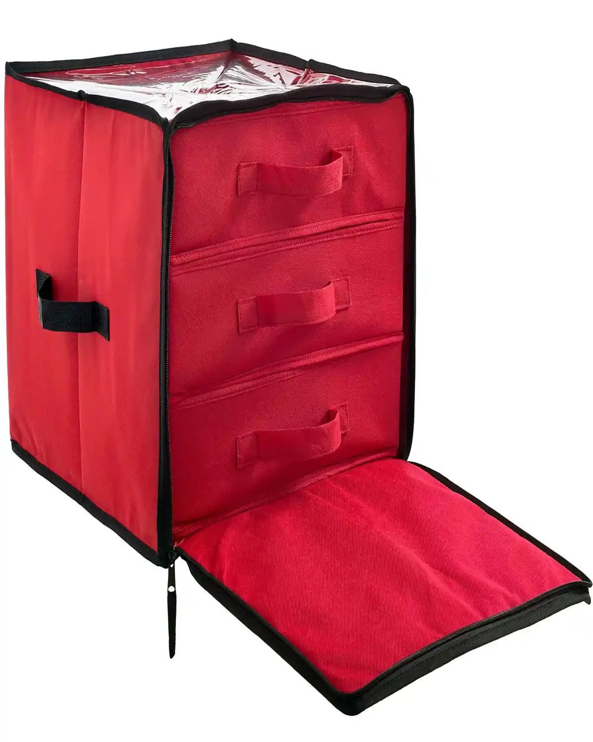 48 piece red bauble and decoration storage box open on a white background