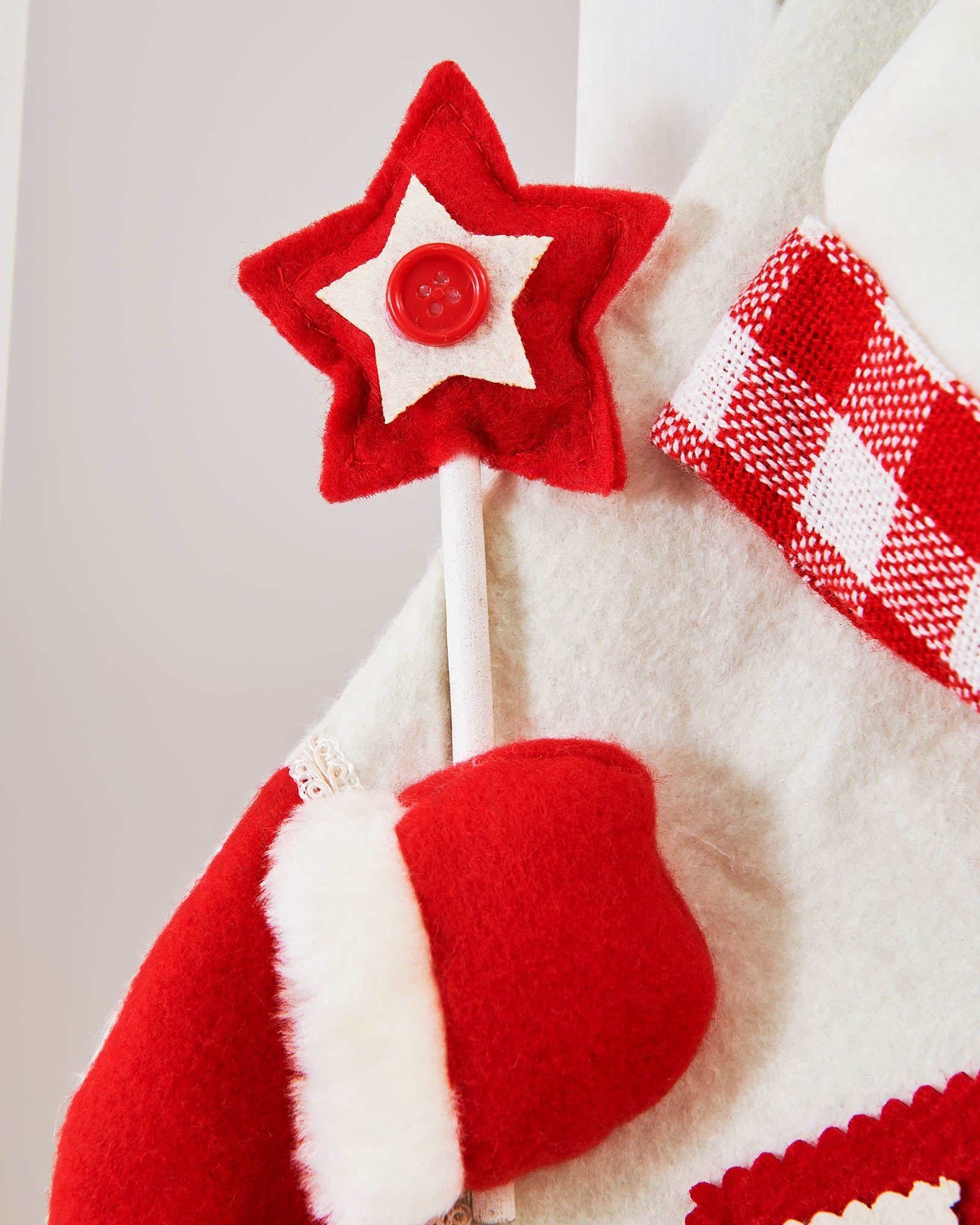Close-up of the red star wand and mitten detail on the tartan snowman stocking