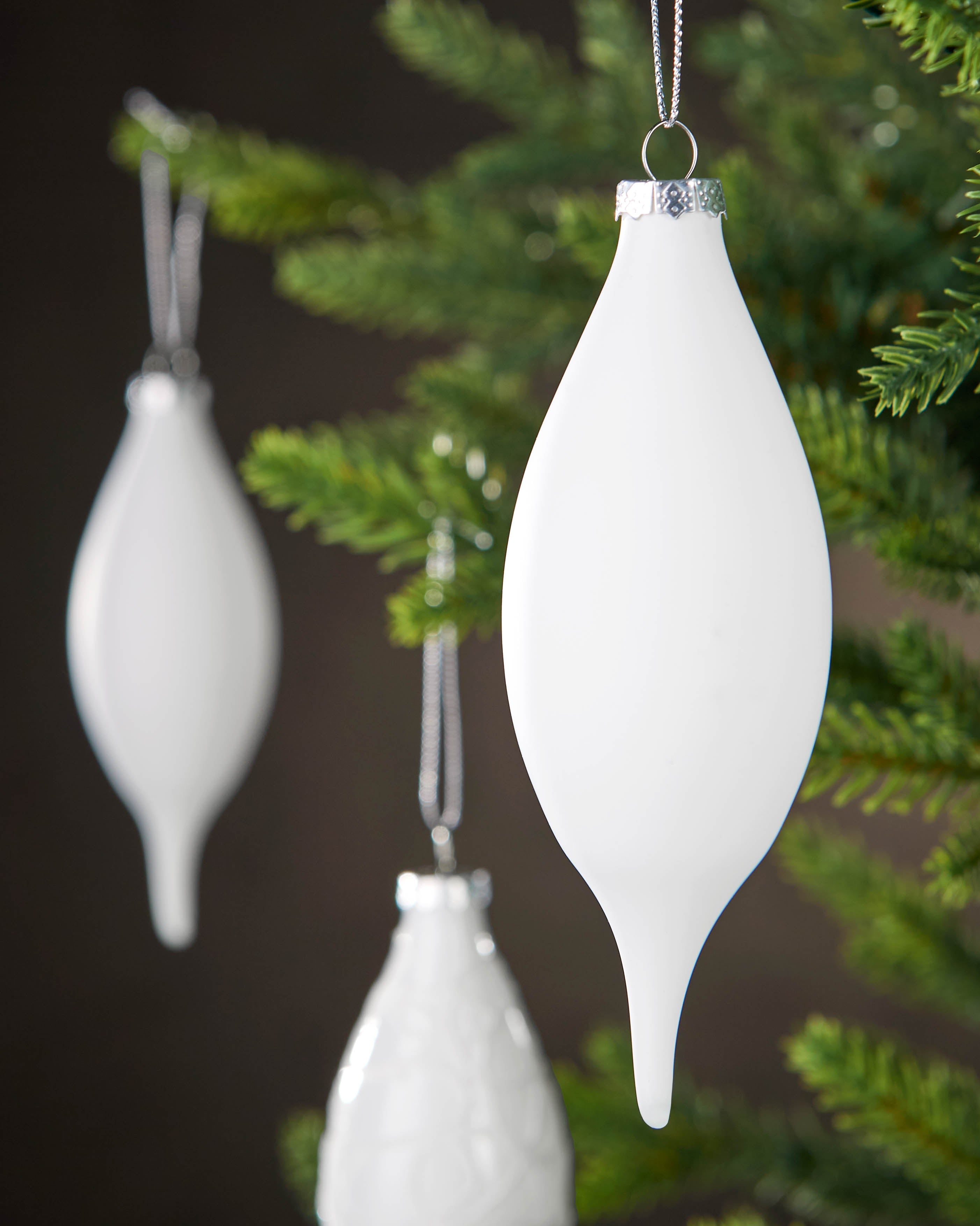 Set of 5 Large Glass Teardrop Baubles, White, 15 cm